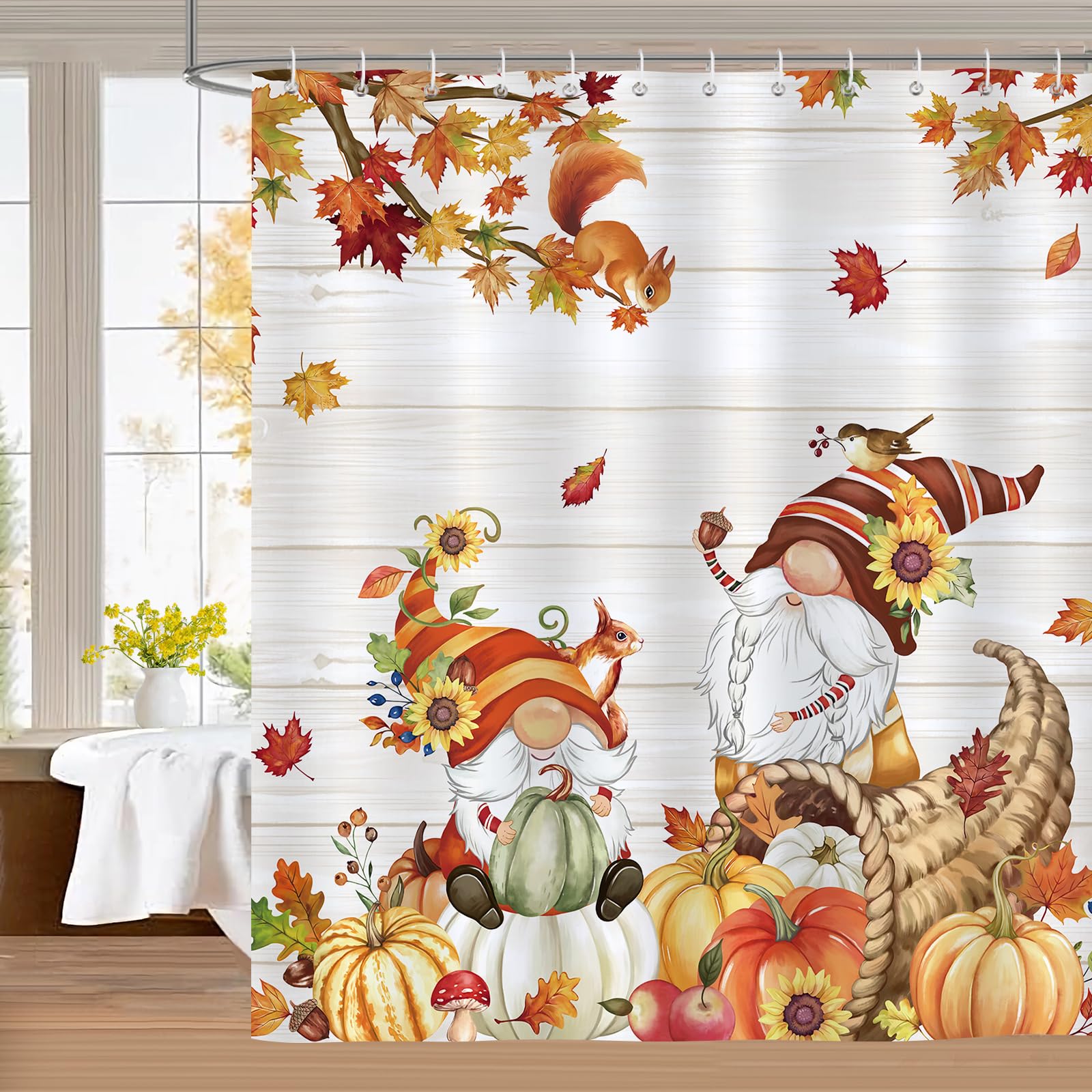 Bonhause Autumn Gnome Shower Curtain 180 x 180 cm Fall Maple Leaves Pumpkin Thanksgiving Bathroom Curtain Waterproof Mildew & Mould Resistant Polyester Fabric Bath Curtain with 12 Hooks — image 1