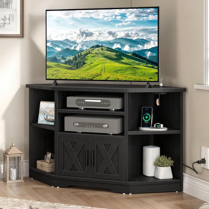 YITAHOME Corner Farmhouse TV Stand with Power Outlets, Living Room, Black
