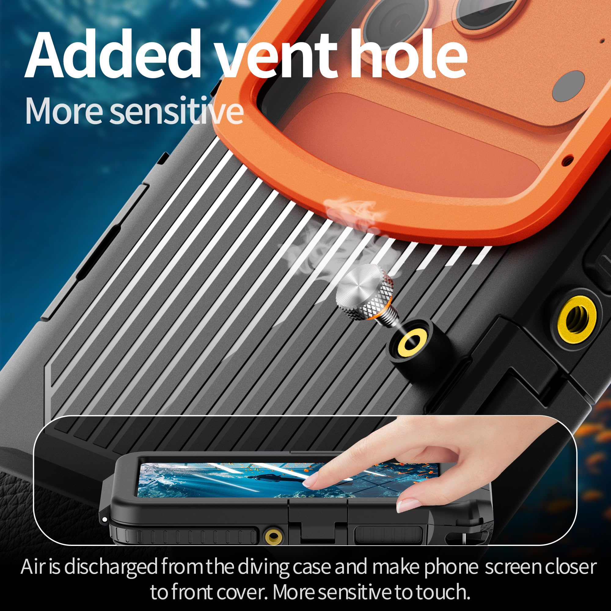 Mangix Funda de teléfono subacuática para iPhone 17/16/15/14/13 Pro Max/Pro/Plus/Air y más, fotografía subacuática de 15 m para esnórquel, video fotográfico, negro/naranja
