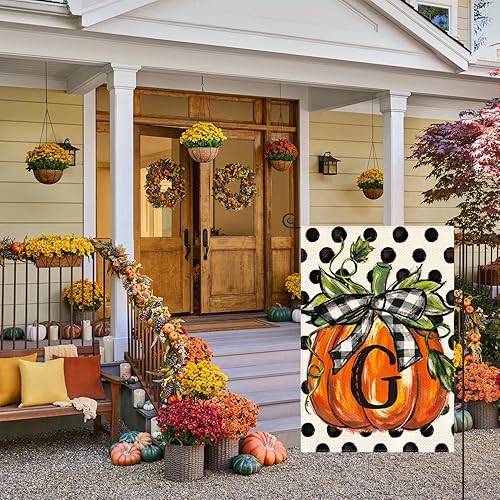 Miniatura 2 de AVOIN colorlife Bandera de jardín con monograma de otoño con letra G, diseño de calabaza, de 12 x 18 pulgadas, doble cara exterior, pequeña