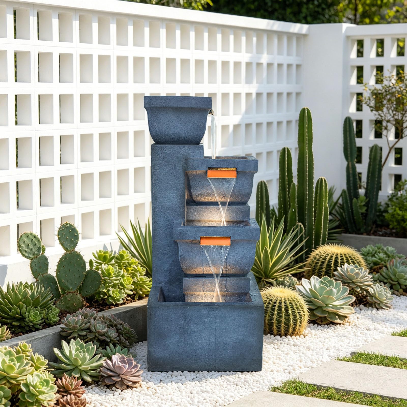 4-Tier Rock Outdoor Water Fountain, Resin with LED Light, 42 in