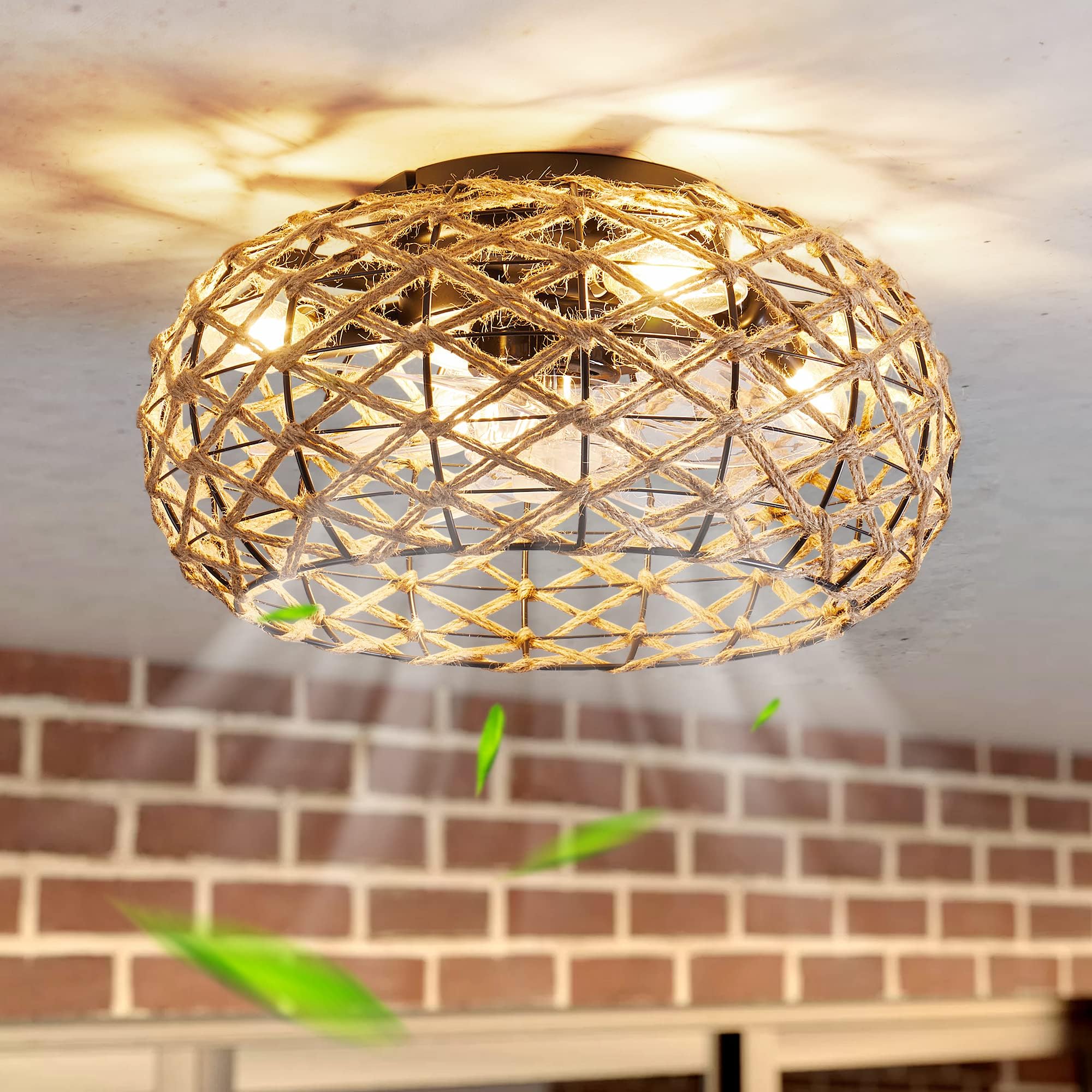 hummingbird Rattan Caged Ceiling Fan with Lights and Remote,16" Small Farmhouse Low Profile Flush Mount Ceiling Fan with light,Rustic Enclosed Bladeless Ceiling Fan 6 Speed Reversible with 4 Bulbs