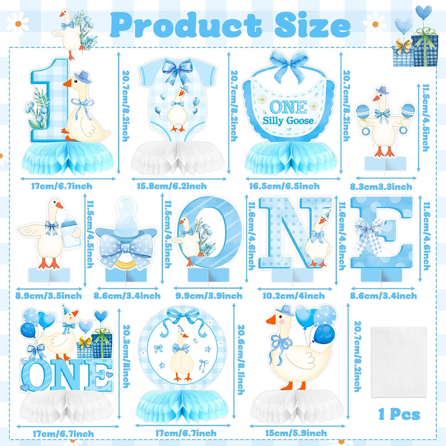 ANGOLIO 12Pcs One Silly Goose Honeycomb Centerpieces 1st Baby Boy Birthday Party Table Decorations Blue Goose Gender Reveal Baby Shower Welcome Summer Party Supplies Table Toppers Mama Mother's Day