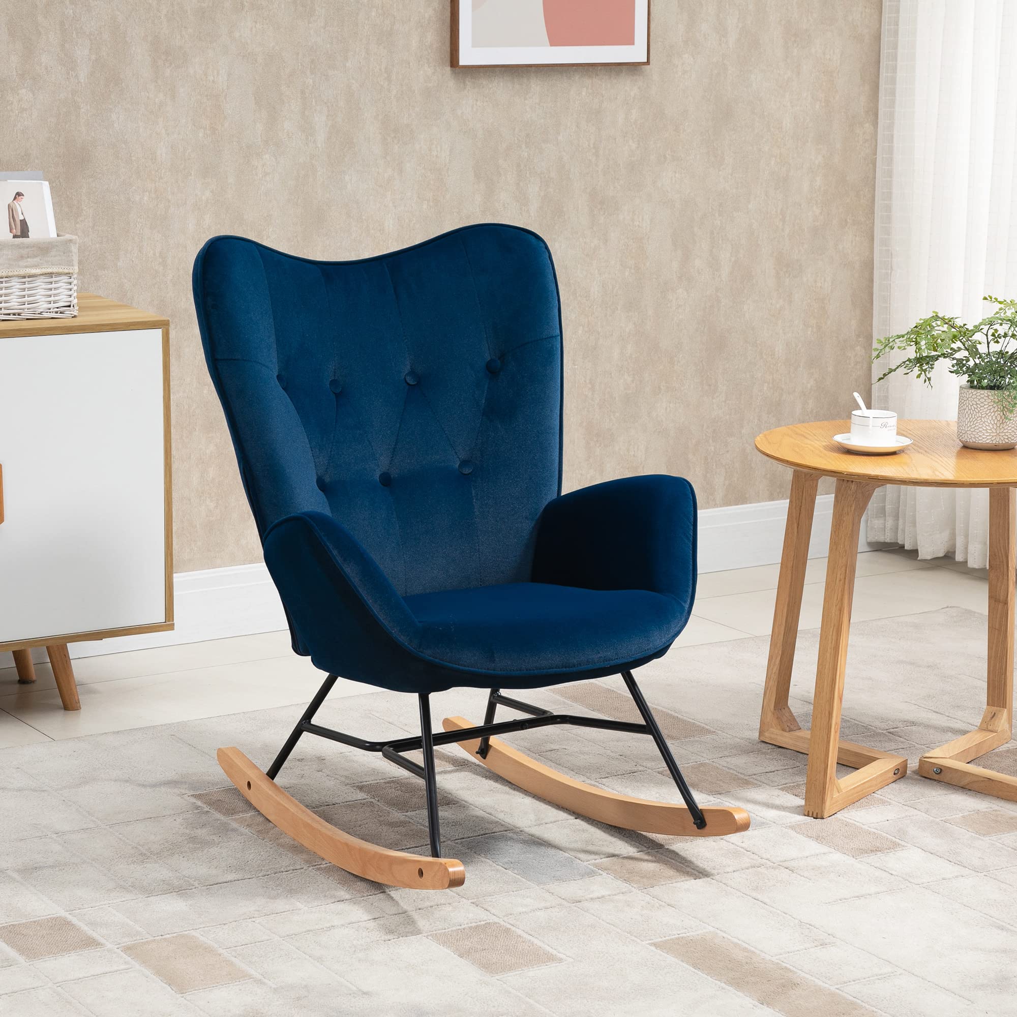HOMCOM Fauteuil à Bascule, Rocking Chair, Fauteuil Allaitement Confortable avec Structure en Bois Massif et métal pour Salon, Chambre, Balcon, Velours Bleu