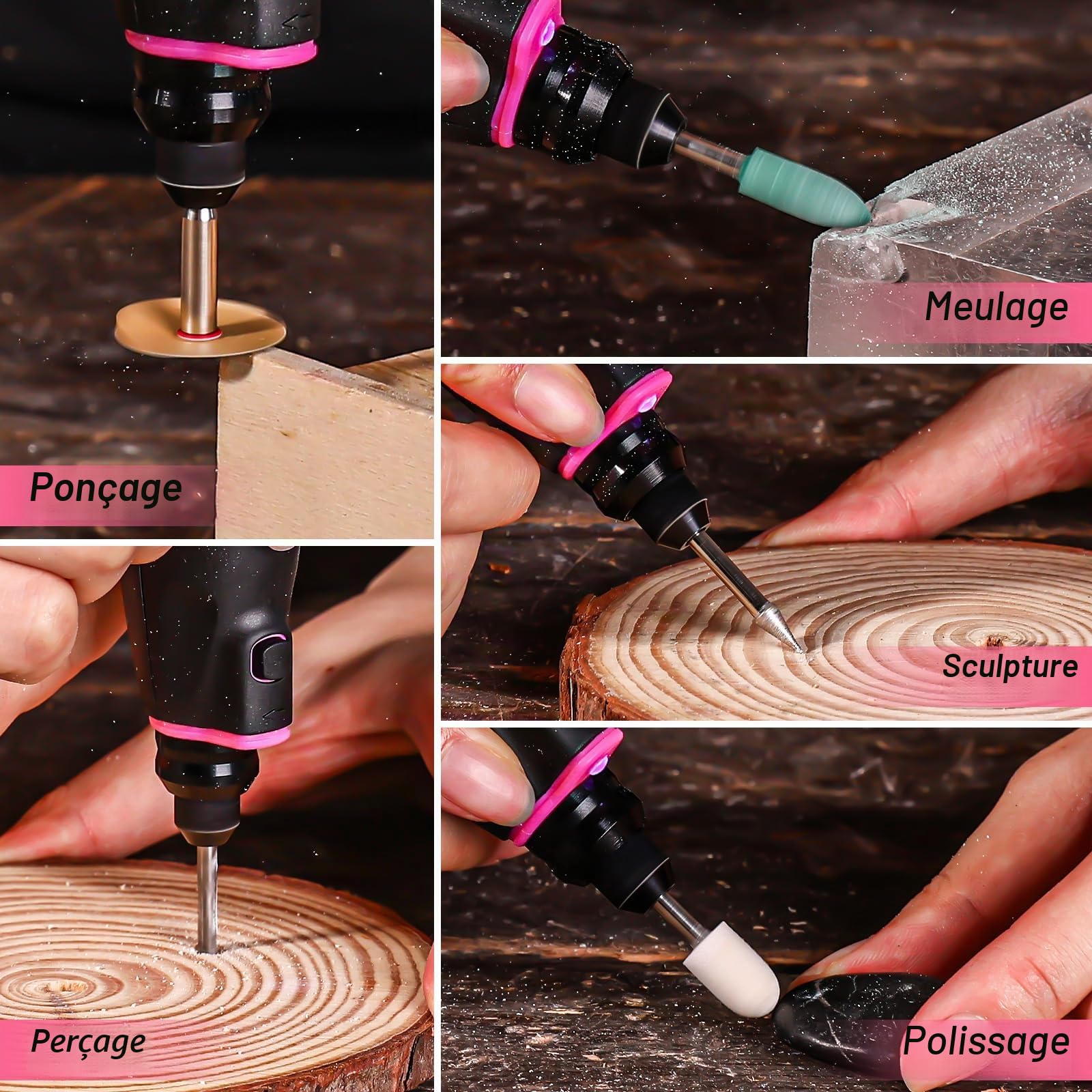 DEKOPRO Outil Rotatif Multifonction: 3.6 V Rose Mini Ponceuse pour les petits projets de bricolage,Meuleuse électrique avec 70 accessoires pour sculpter,couper,poncer,meuler,polir,graver