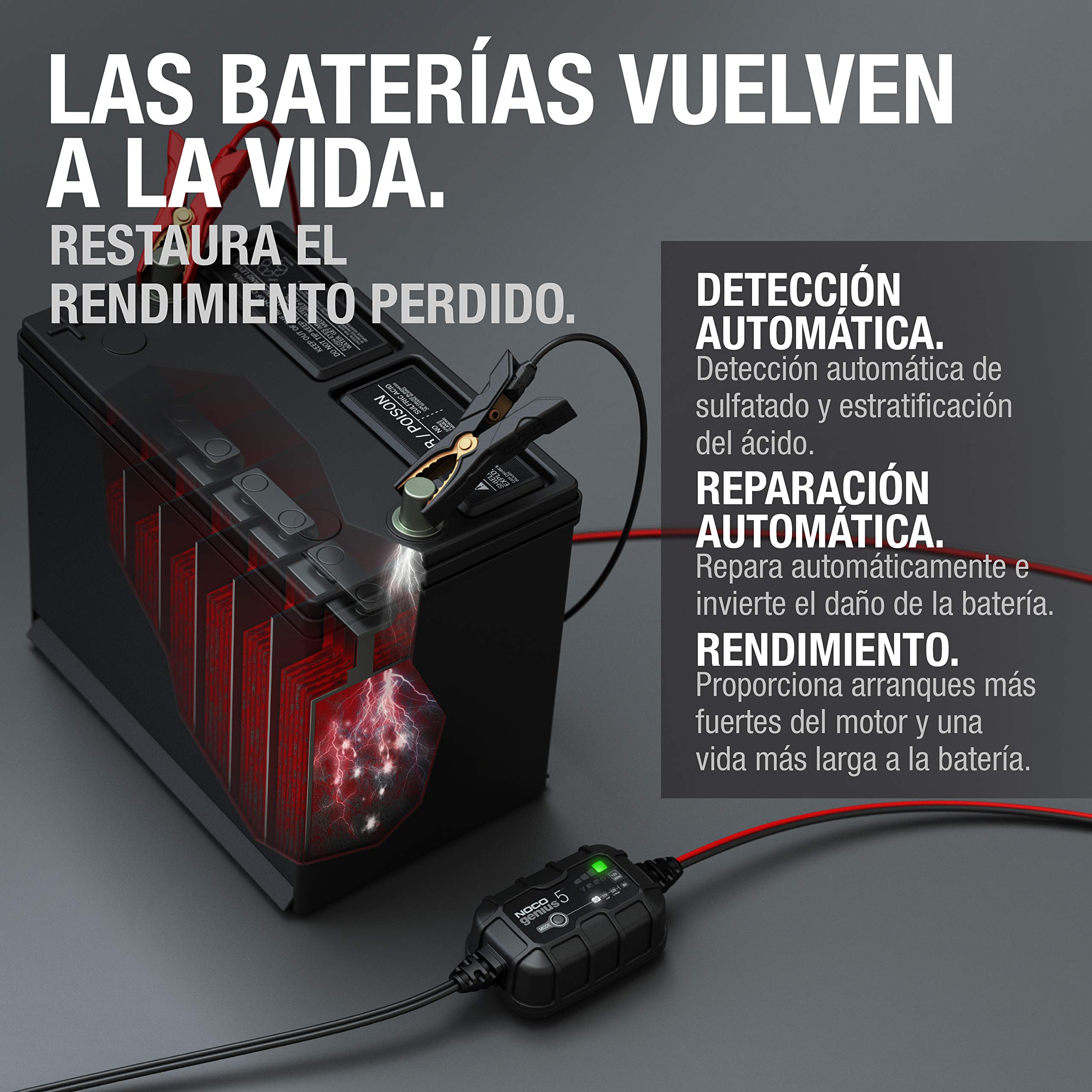 NOCO GENIUS5: Cargador Inteligente de baterías 5A 6V/12V – Mantenedor automático y desulfatador – Protección contra sobrecarga y compensación térmica – para baterías de Plomo y Litio