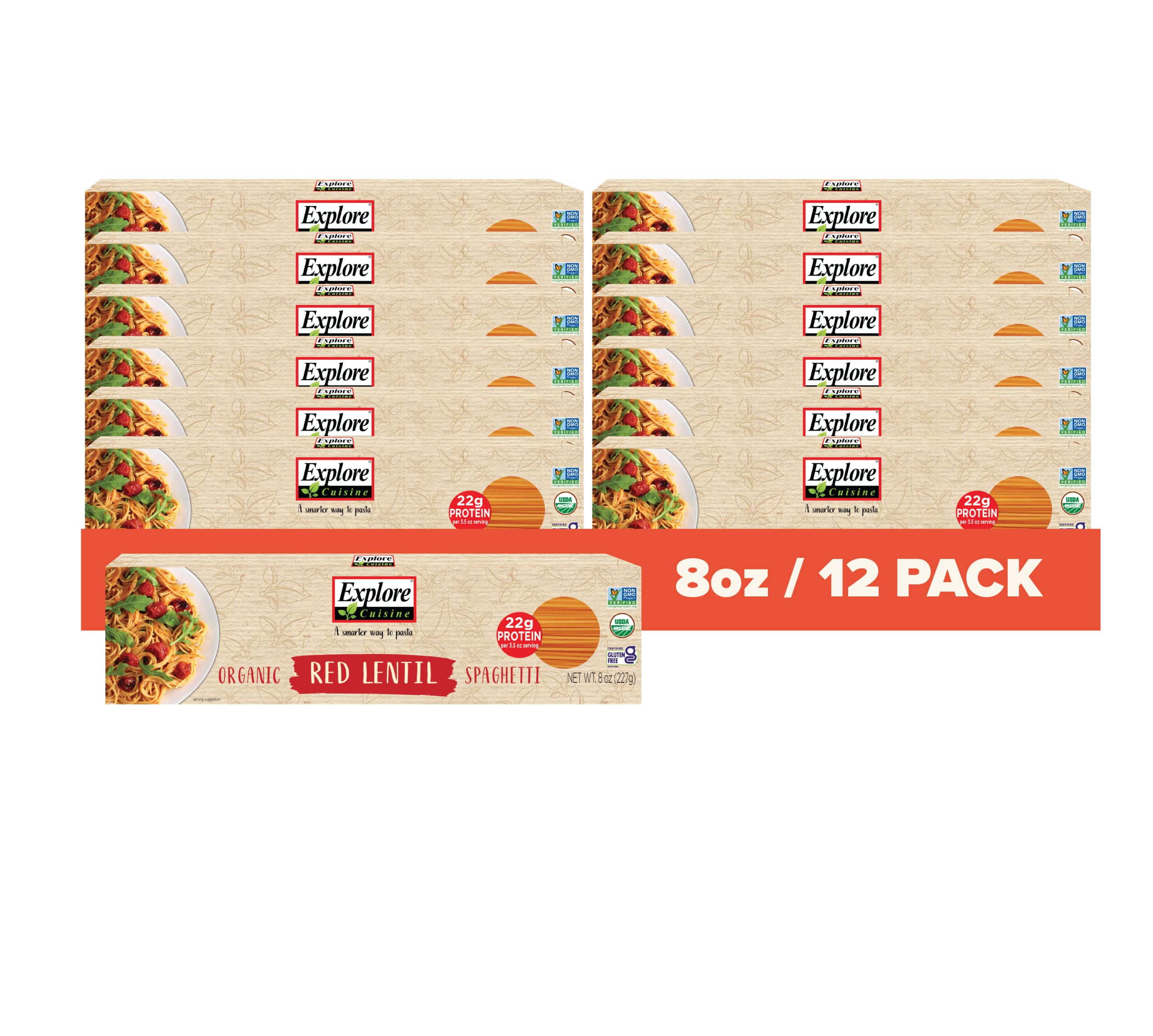 Organic Red Lentil Spaghetti - 8 oz, Pack of 12 - Easy-to-Make Pasta - High in Plant-Based Protein - Non-GMO, Gluten Free, Vegan