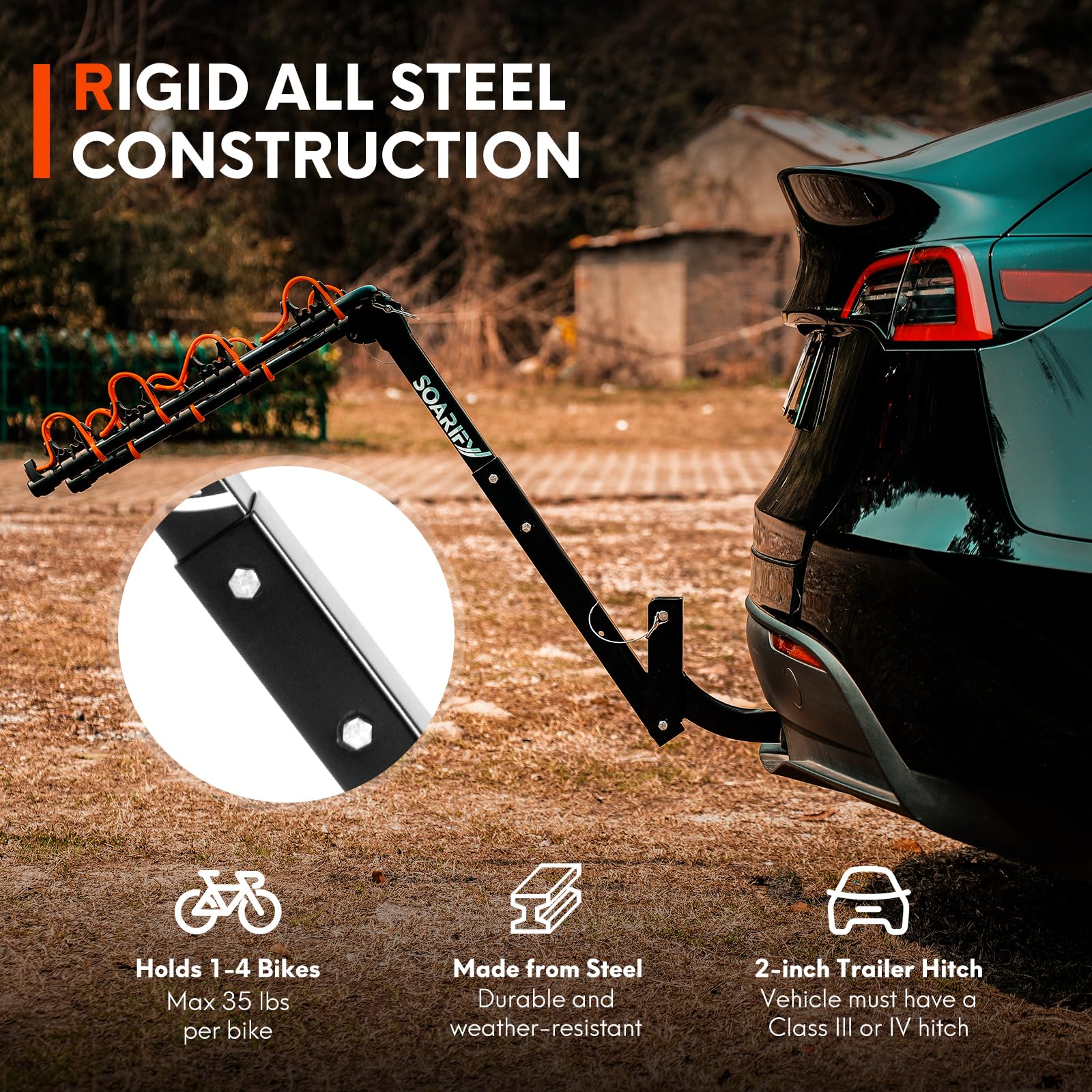 Bike Rack for Car, SUV, RV, Mount Hitch Bike Back 4, Up to 143 lbs Load Bicycle Rack Carrier Rubber Straps, Tilt Release with 2" Hitch for Cars (4BIKES)