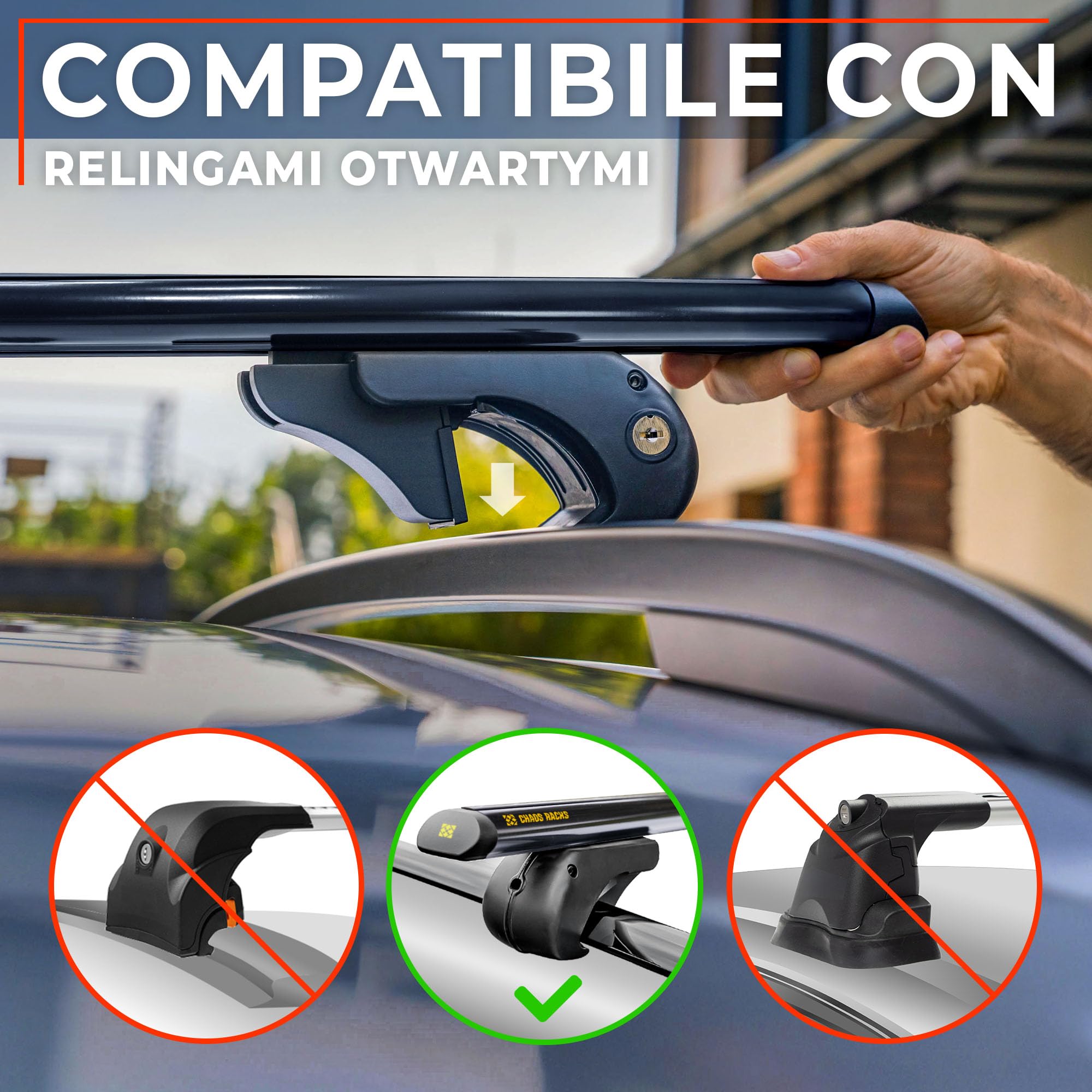 CHAOS RACKS | Universale Portapacchi da Tetto per Barre Longitudinali Aperte; Barre Portatutto | Trasporta in Sicurezza Box da Tetto, Portabici | Struttura Leggera e Resistente in Alluminio | 120 cm