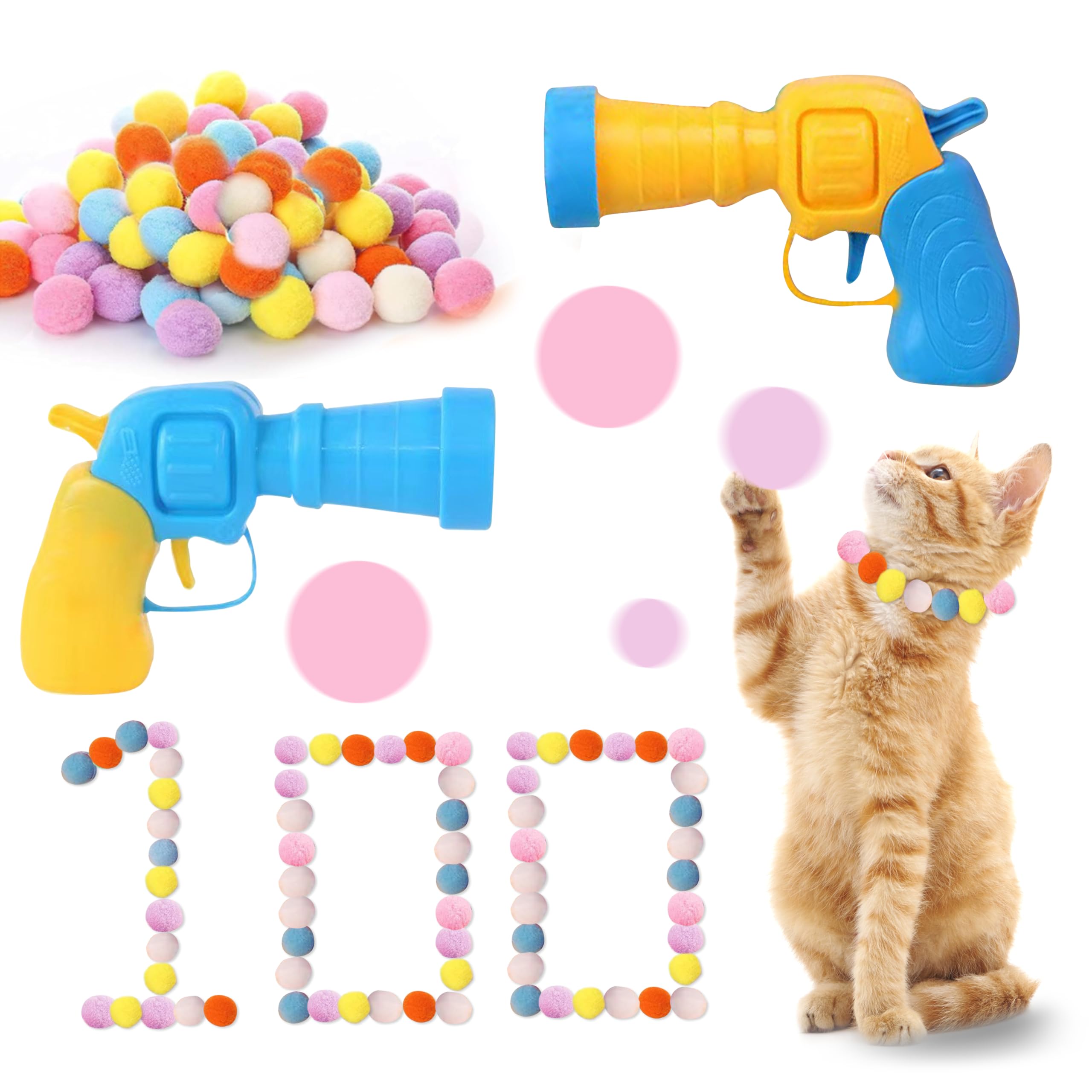 RILYSUN Ball Launcher Toys for Cats Interactive Toys for Cats Pompom Balls with Launcher and Colorful Soft Pompom Balls