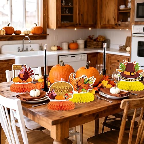 Miniatura 6 de 9 piezas de decoraciones de fiesta de otoño, KSKSPE Acción de Gracias, centro de mesa de panal de abeja 3D calabaza pavo centro de mesa para