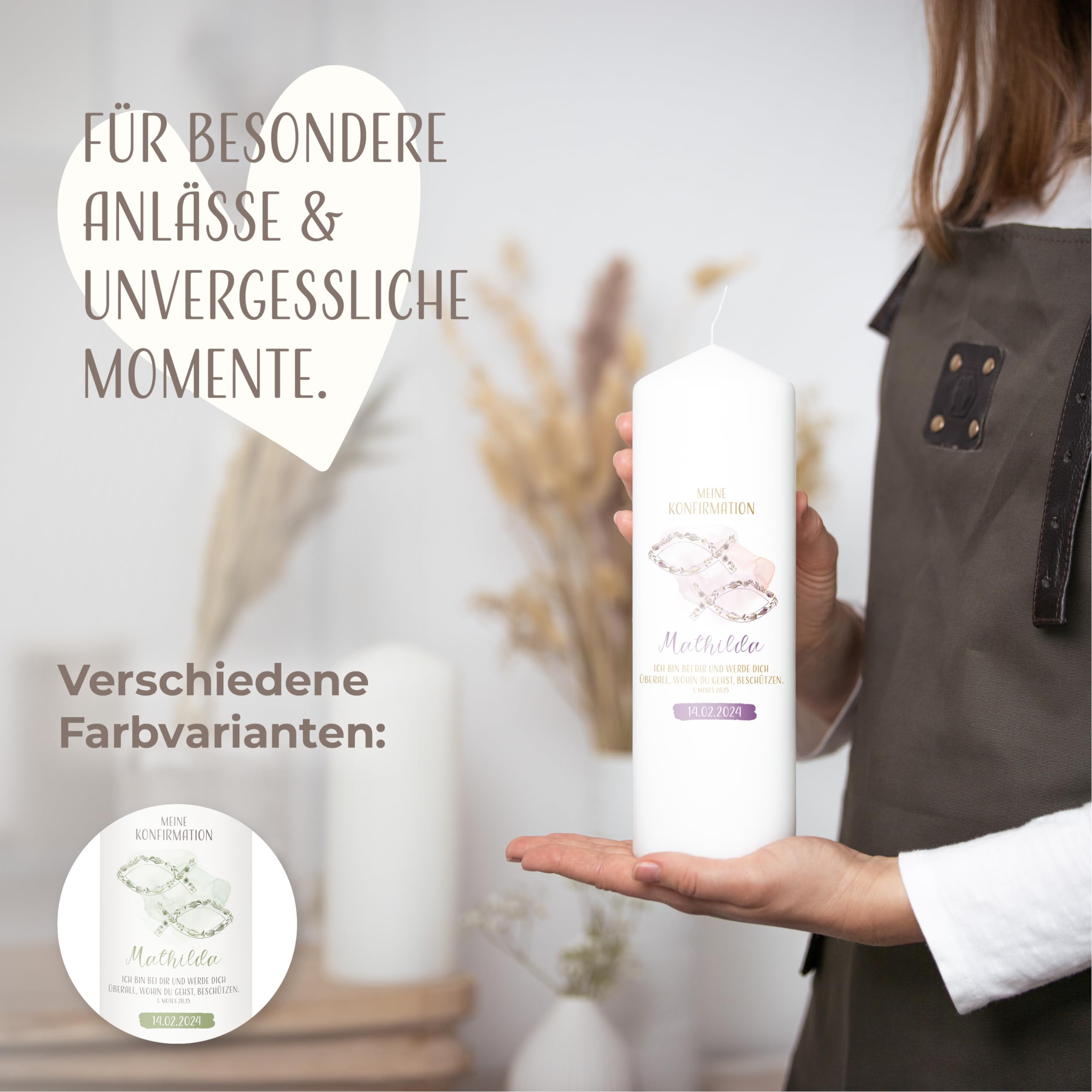 AMARI ® Konfirmationskerze personalisiert Fischsymbol (002.09.07) 25/8 cm- Kerze Konfirmation - Konfirmationskerze mit Namen und Datum - Konfirmation Kerze personalisiert Mädchen Junge