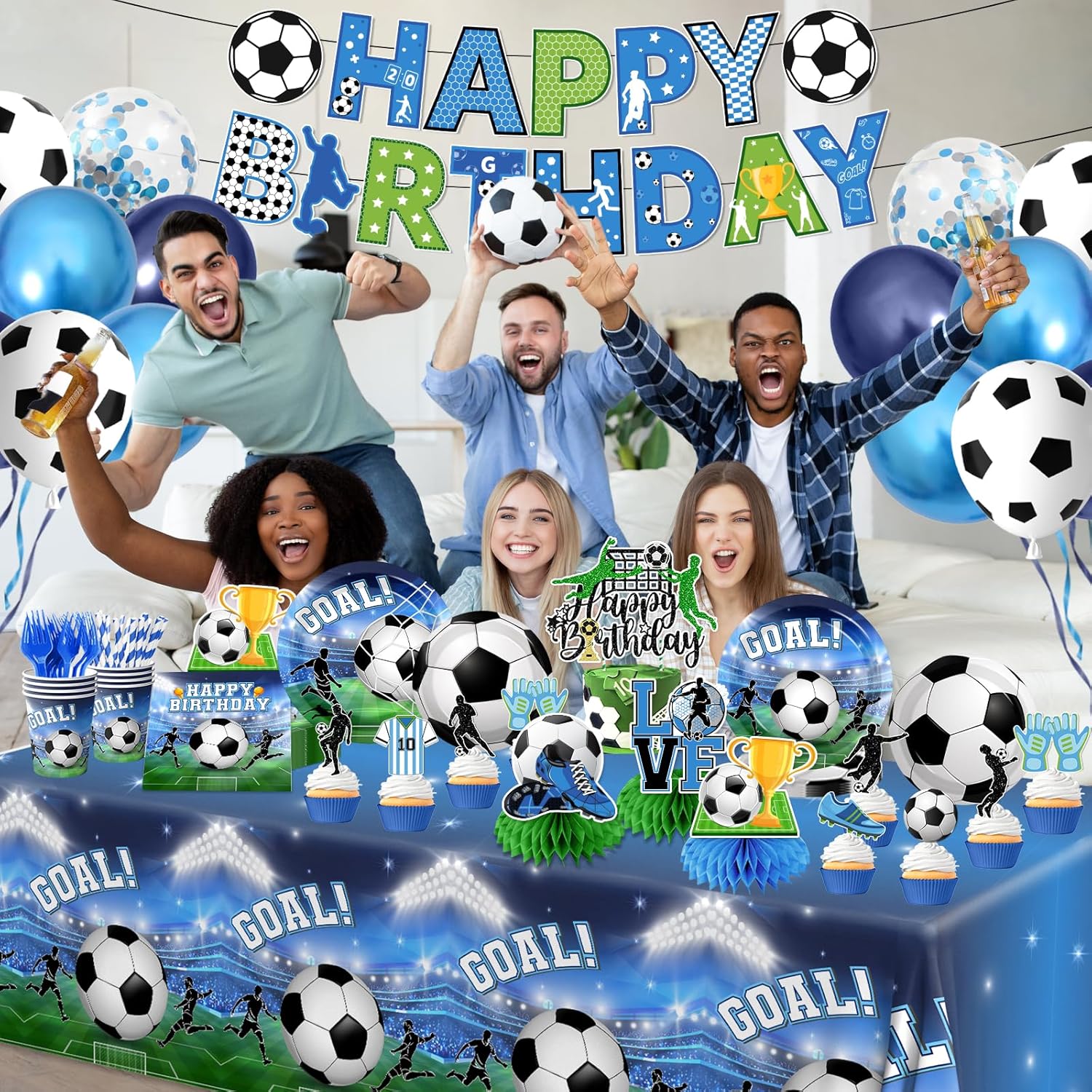 Soccer Birthday Party Decorations,200pcs Soccer Party Decorations Plates and Napkins Cups Tablecloth Cake Topper Honeycomb Balloon for Soccer Party Supplies,Serve 24 - Image 4