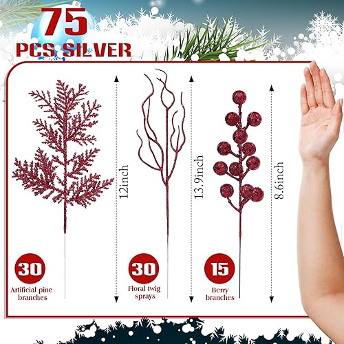 Miniatura 8 de Craftsatin 75 ramas con purpurina de Navidad, 3 estilos, púas artificiales de Navidad, bayas, tallos de pino, ramas florales en aerosol para adornos