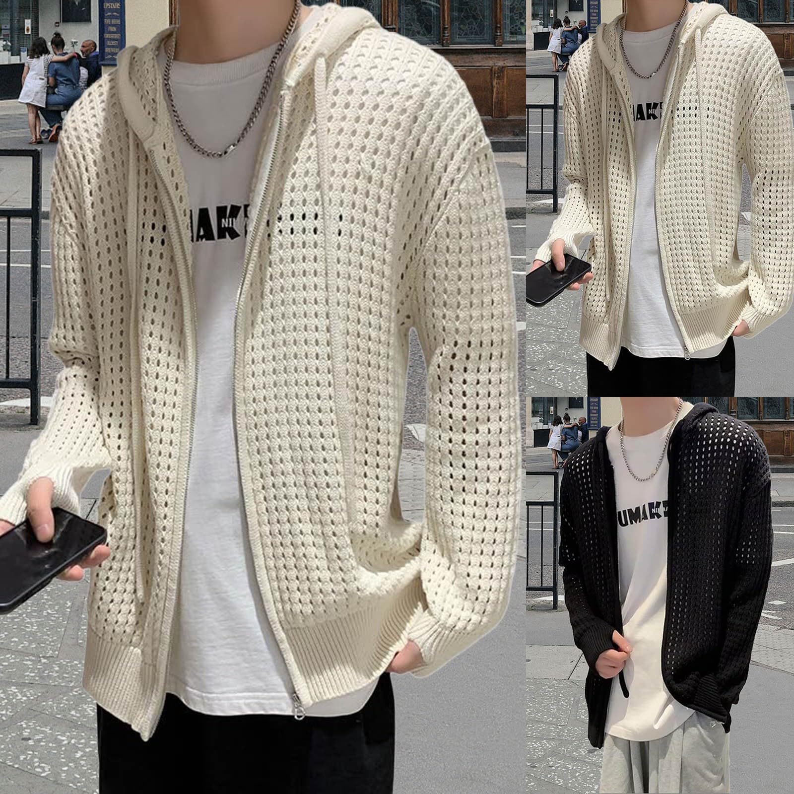 Cardigan estivo da uomo, leggero, a rete, casual, lavorato a maglia, morbido, confortevole, con cappuccio, a maniche lunghe, aperto, in rete, cardigan
