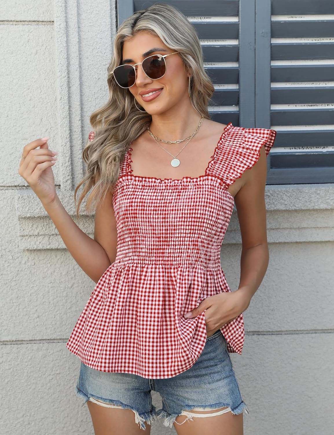 LOMON Womens Tank Tops Fashion Summer Ruffle Flying Sleeve Smocked Blouses Square Neck Sleeveless Shirts Babydoll Shirt - Image 2