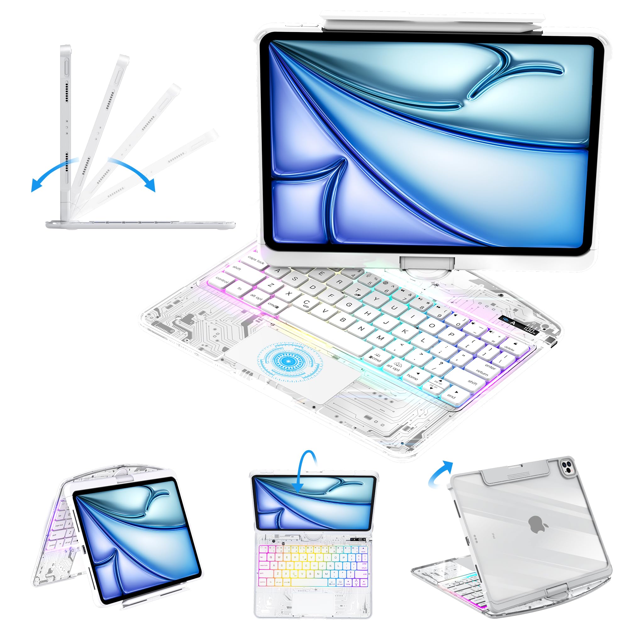 Clear Keyboard Case for iPad Air 11" (M3/M2, 2025/2024), Air 5th/4th &amp; Pro 11" 2022-2018, 360° Swivel with Wireless Bluetooth Multi-Touch Trackpad, 7-Color Backlit, Pencil Holder White