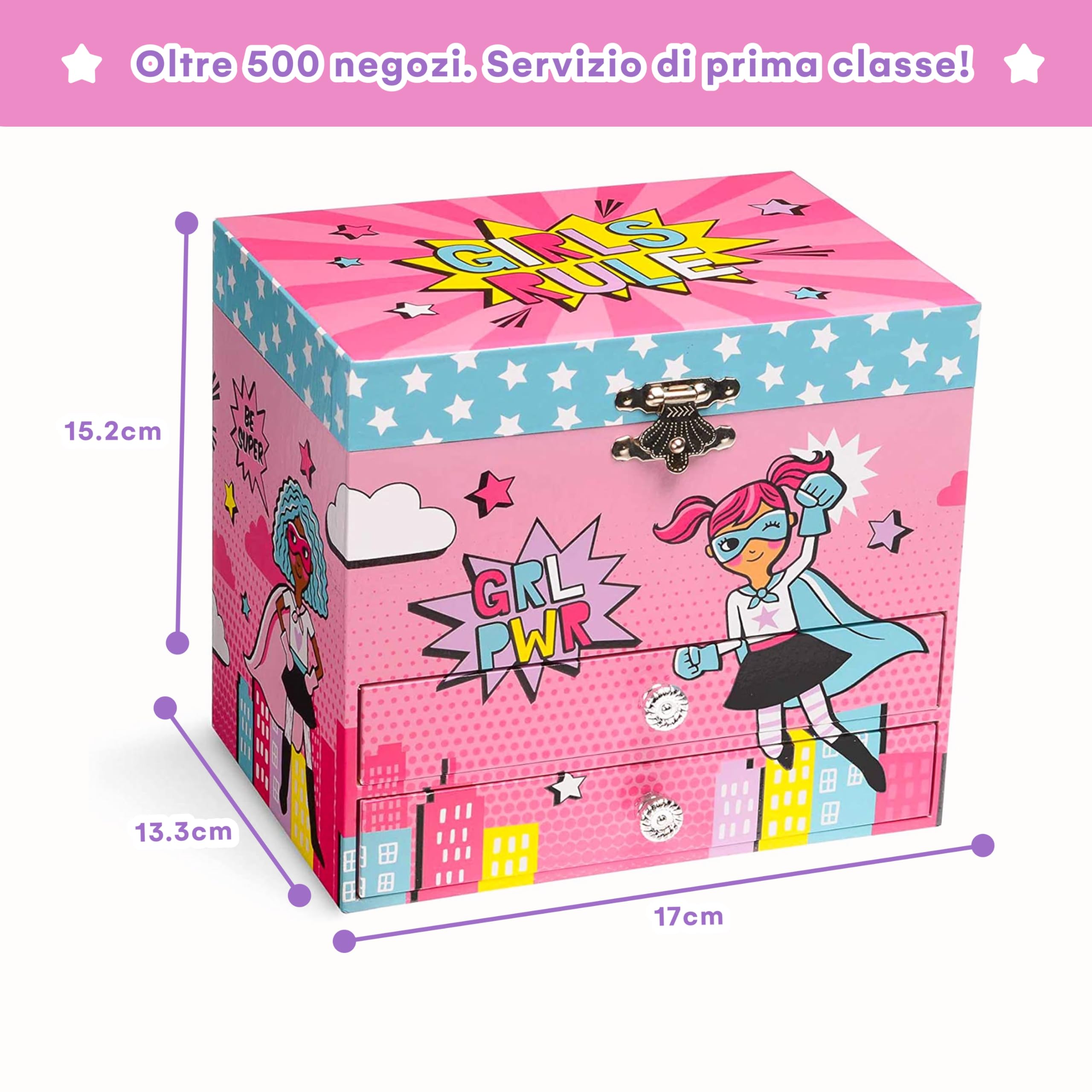 Jewelkeeper - Carillon Portagioie Musicale Design Girl Power Superhero con 2 Cassetti Estraibili - Melodia di Per Elisa
