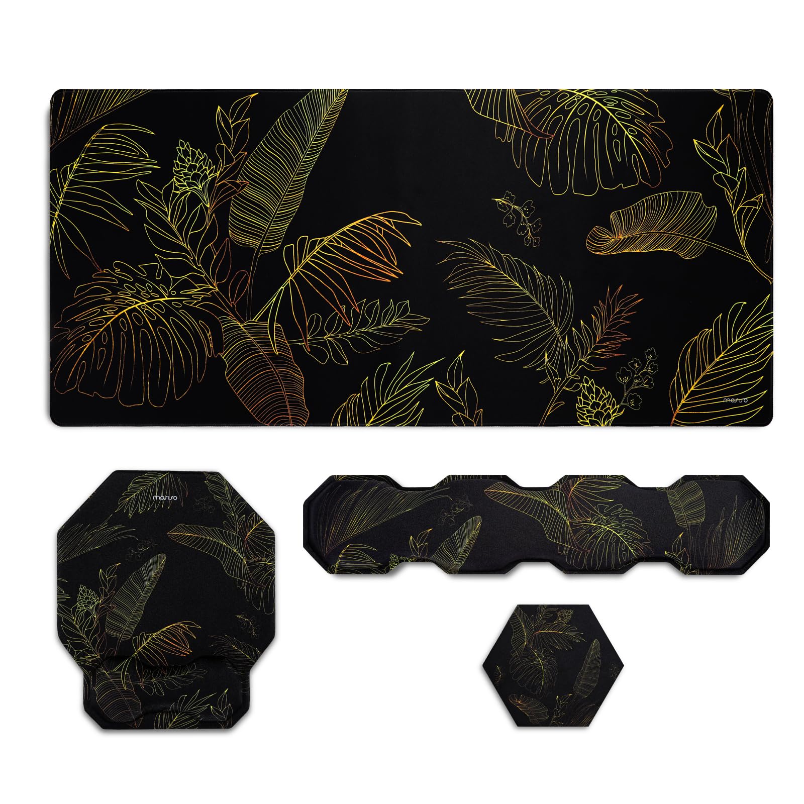 MOSISO Extended Gaming Mouse Pad&Hexagon Keyboard Wrist Rest&Mousepad with Wrist Support&Coaster, Leaf Ergonomic Easy Typing Cushion with Memory Foam