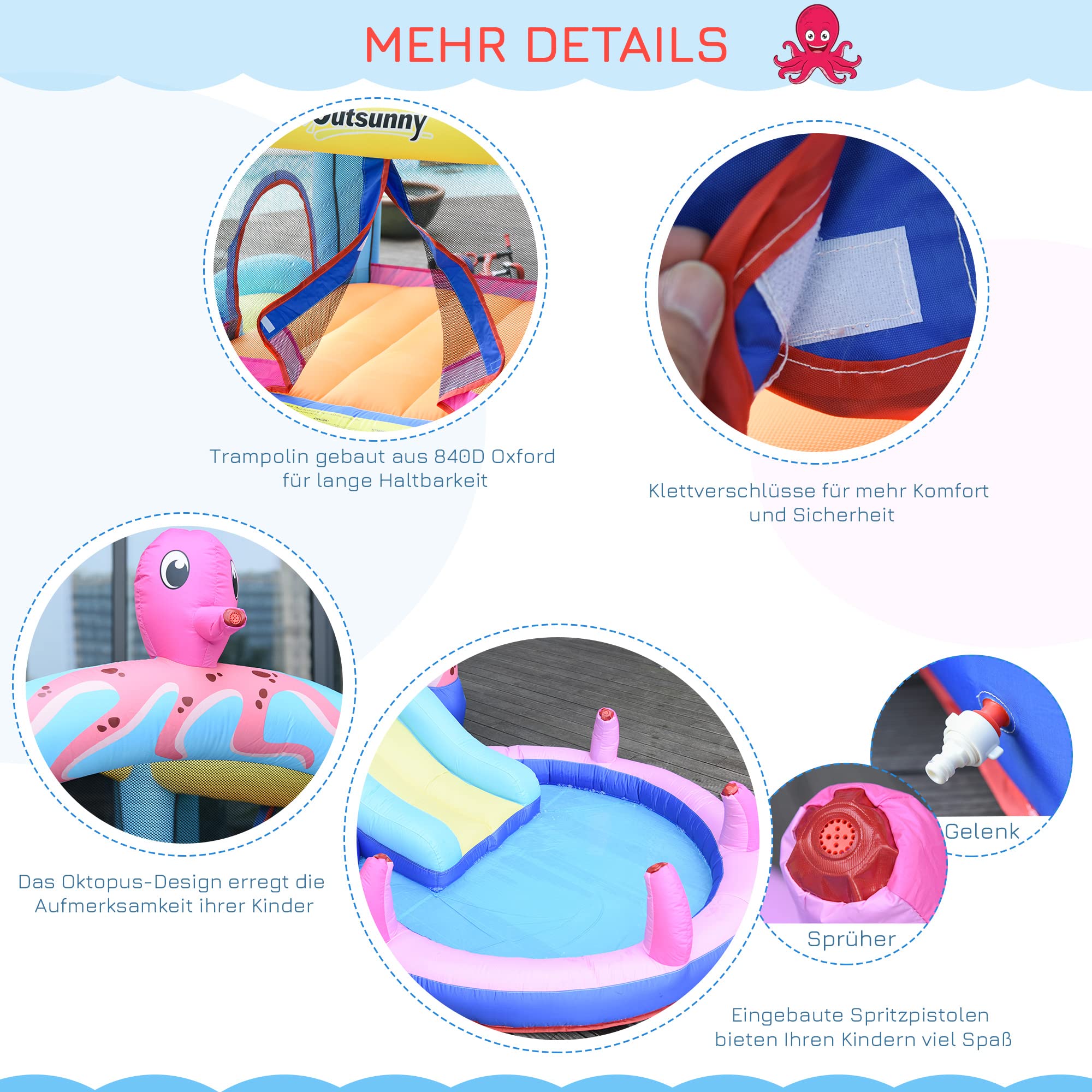 Outsunny Aufblasbare Hüpfburg mit Rutsche Springburg Spielburg Wasserpark für Kinder Trampolin aufblasbar Wasserrutsche Pool für 3-8 Jahre Oktopus-Muster Oxfordstoff 360 x 175 x 180 cm