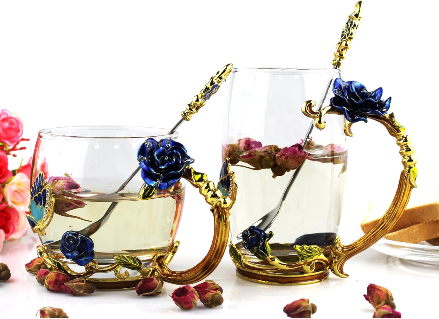 Buу 1 gеt 1 Tea Cup, Handmade Butterfly Blue Rose Coffee Mug Cups,12 oz (Blue Rose) Ideal for Friend Wedding Anniversary Birthday Presents