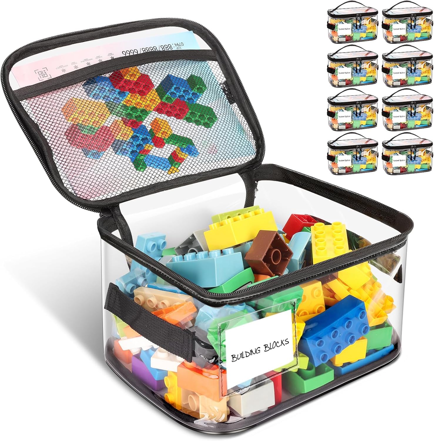 3-pak czarnych przezroczystych wodoodpornych toreb do przechowywania zabawek z PCW z przegródkami na etykiety i uchwytami, zapinany na zamek organizer na cegły, gry planszowe, klocki Lego, puzzle (24