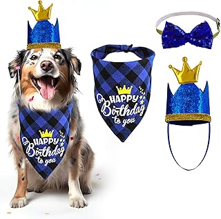 Coobe Dog Birthday Bandana Hat Bow Tie Set, 3-Piece Dog Birthday Party Accessories Dog Checked Bandana Bling Crown Hat Glitter Bow Tie Collar for Small Medium Dogs product image