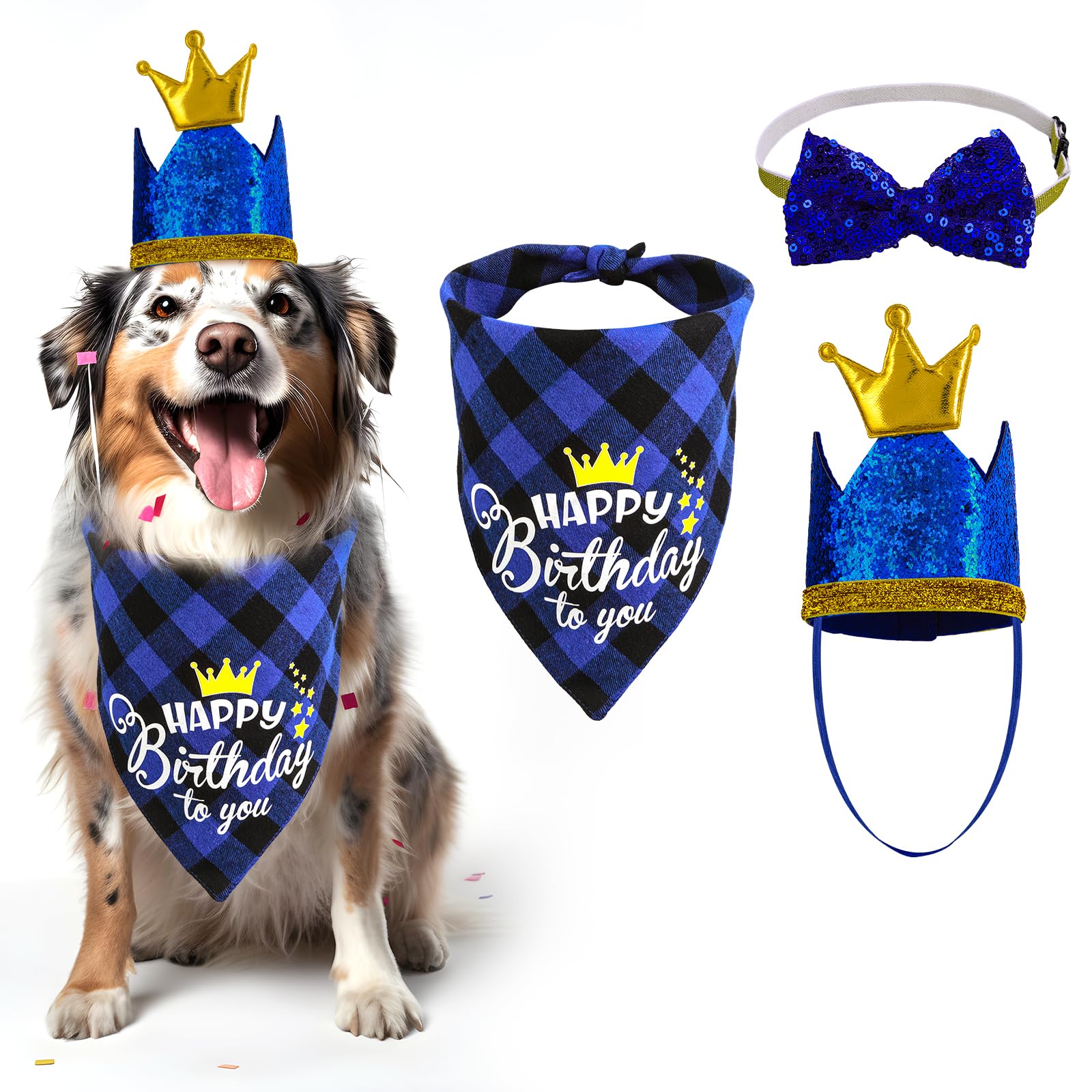 Cobee Urodzinowa bandana dla psa zestaw muszki, 3 sztuki artykuły na przyjęcie urodzinowe dla psa w kratę bandana błyszcząca korona czapka brokatowa muszka obroża dla małych średnich psów