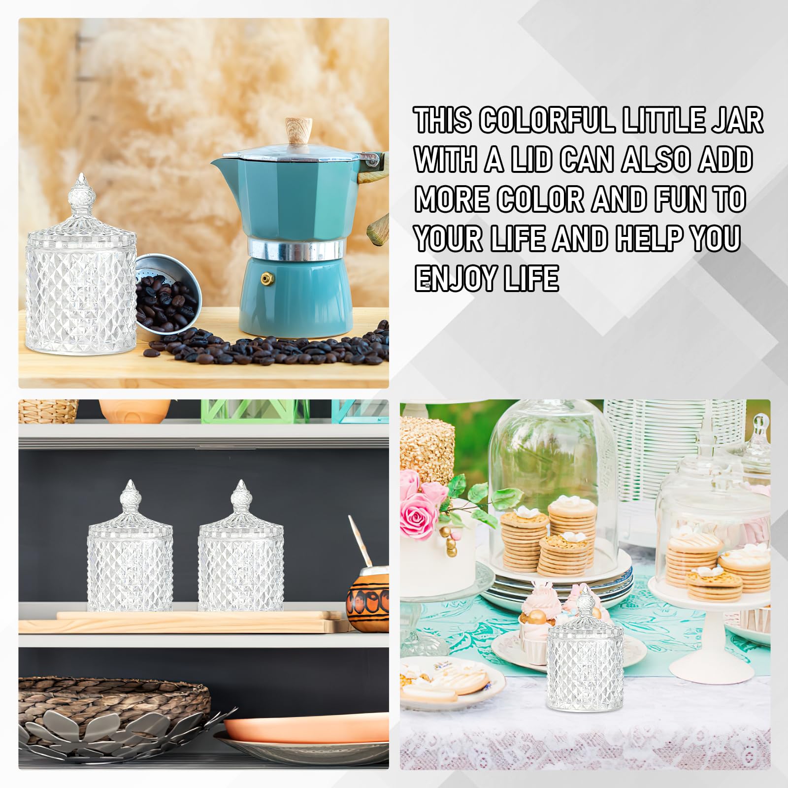 Confezione da 4 barattoli in vetro per caramelle con coperchi, barattoli decorativi in cristallo, barattoli in vetro per biscotti, zuccheriere per buffet, cucina, casa, bagno, scrivania dell'ufficio
