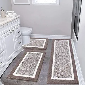 Pauwer Bathroom Rug Mat Set 3 Piece, Microfiber Shaggy Bath Set, Non-Slip Ultra Soft Carpet Mats, Absorbent with U-Shaped Toilet for Bathroom, Tub, Shower, Coffee