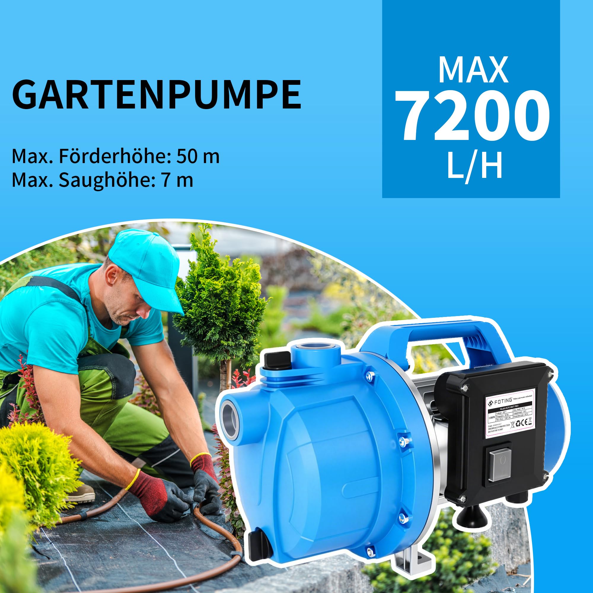 2026 New Gartenpumpe 1100 W, max. 7.200 l/h, max. 4,5 bar, max. 50 m Förderhöhe, mit Tragegriff & Entleerungsventil, Überhitzungsschutz, G1" Saug-/Druckanschluss
