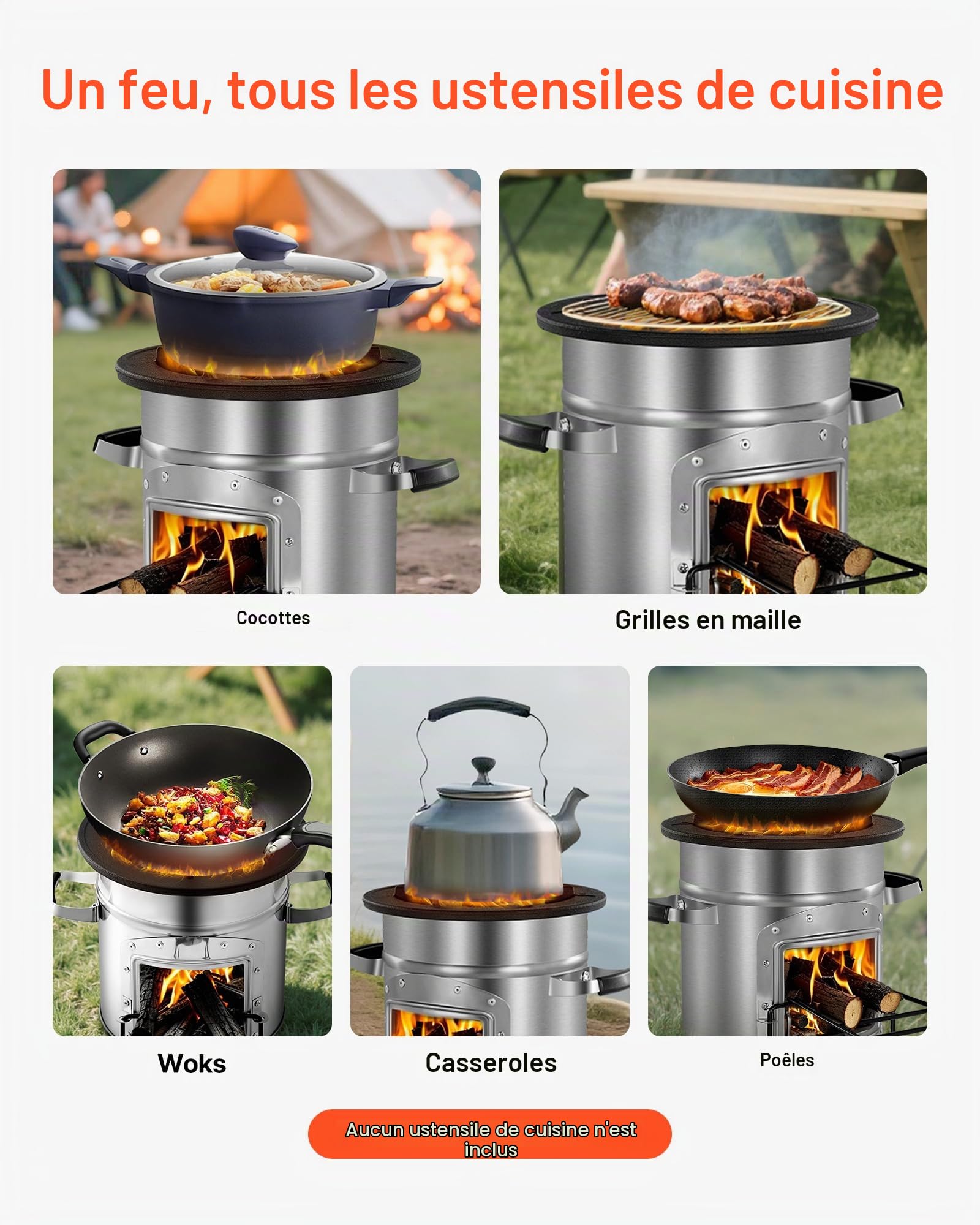 VEVOR Réchaud Camping Rocket, Poêle à Bois Portable en Acier Inoxydable, avec Sac de Transport, Porte Simple, Réchaud à Fusée pour Cuisine et Chauffe en Plein Air, Randonnée, dans Jardin, en Camping