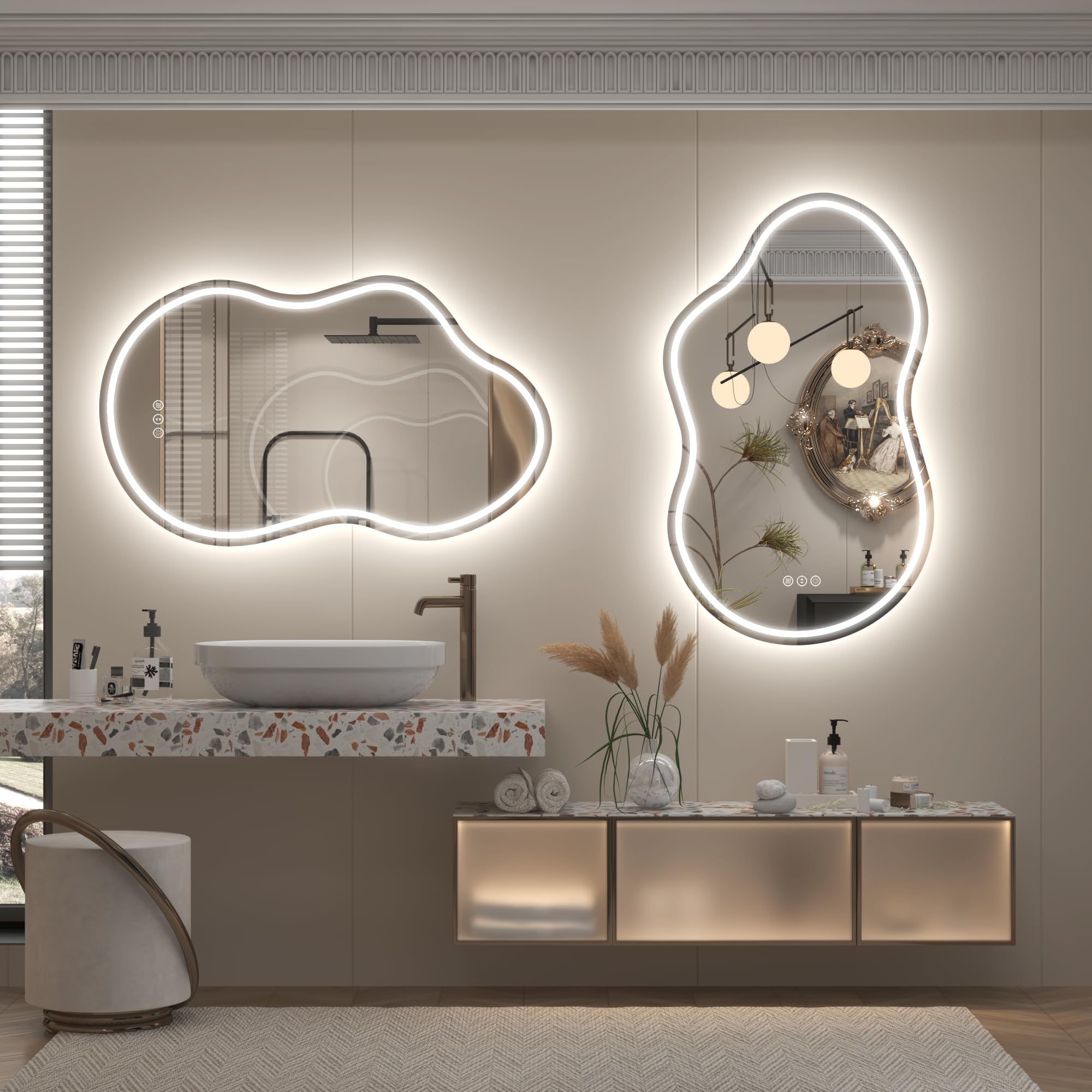 Asymmetrischer LED-Badezimmerspiegel, unregelmäßige Wolke, LED-beleuchteter Kosmetikspiegel mit Lichtern für die Wand, beschlagfrei, dimmbar, 3 Farben, Speicher (horizontal/vertikal)