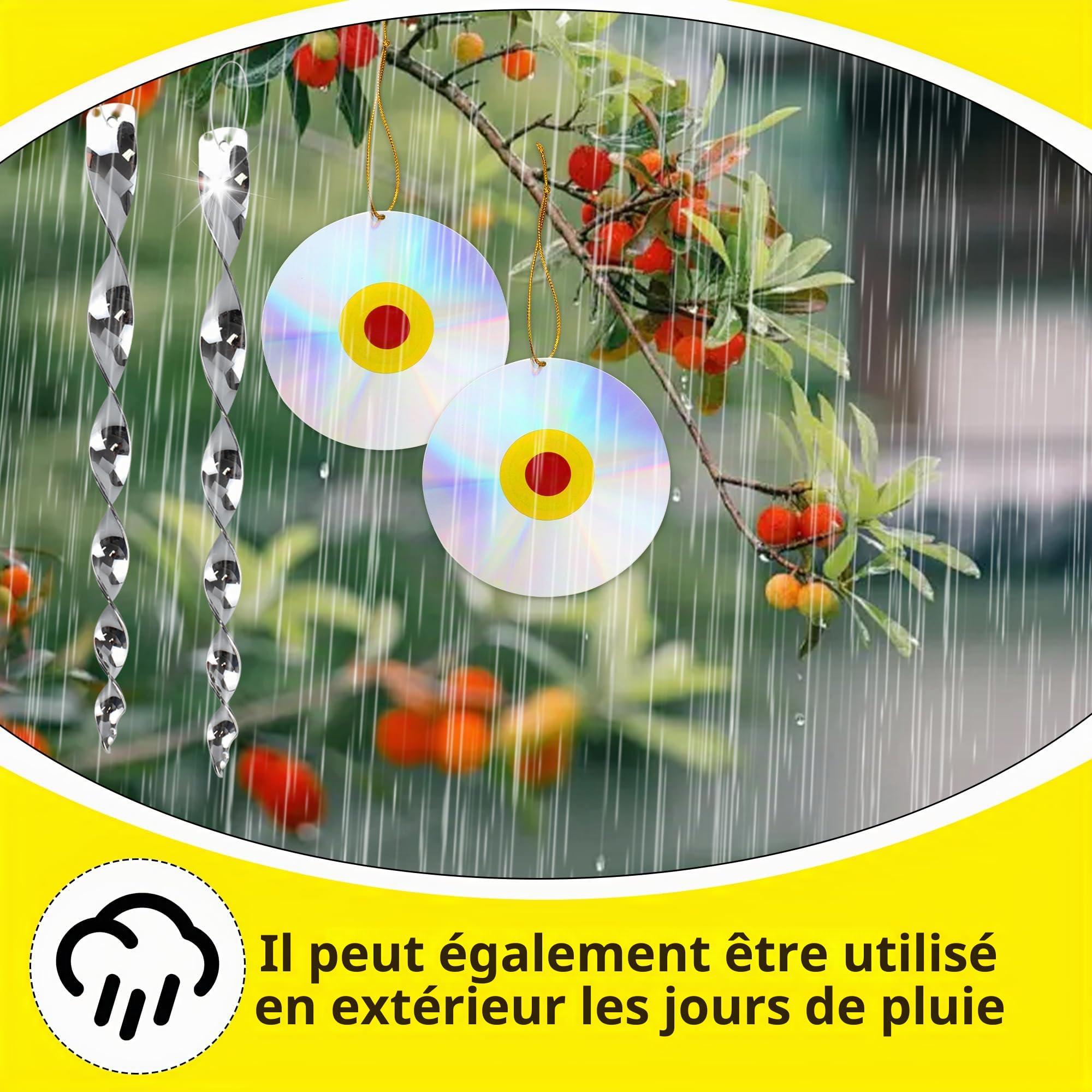 Lot d'épouvantail pour oiseaux - comprend 2 moulins à vent réfléchissants, 2 moulins à vent en forme de papillon, 6 dispositifs en spirale, 1 ruban effaroucheur et 2 disques, pour éloigner les