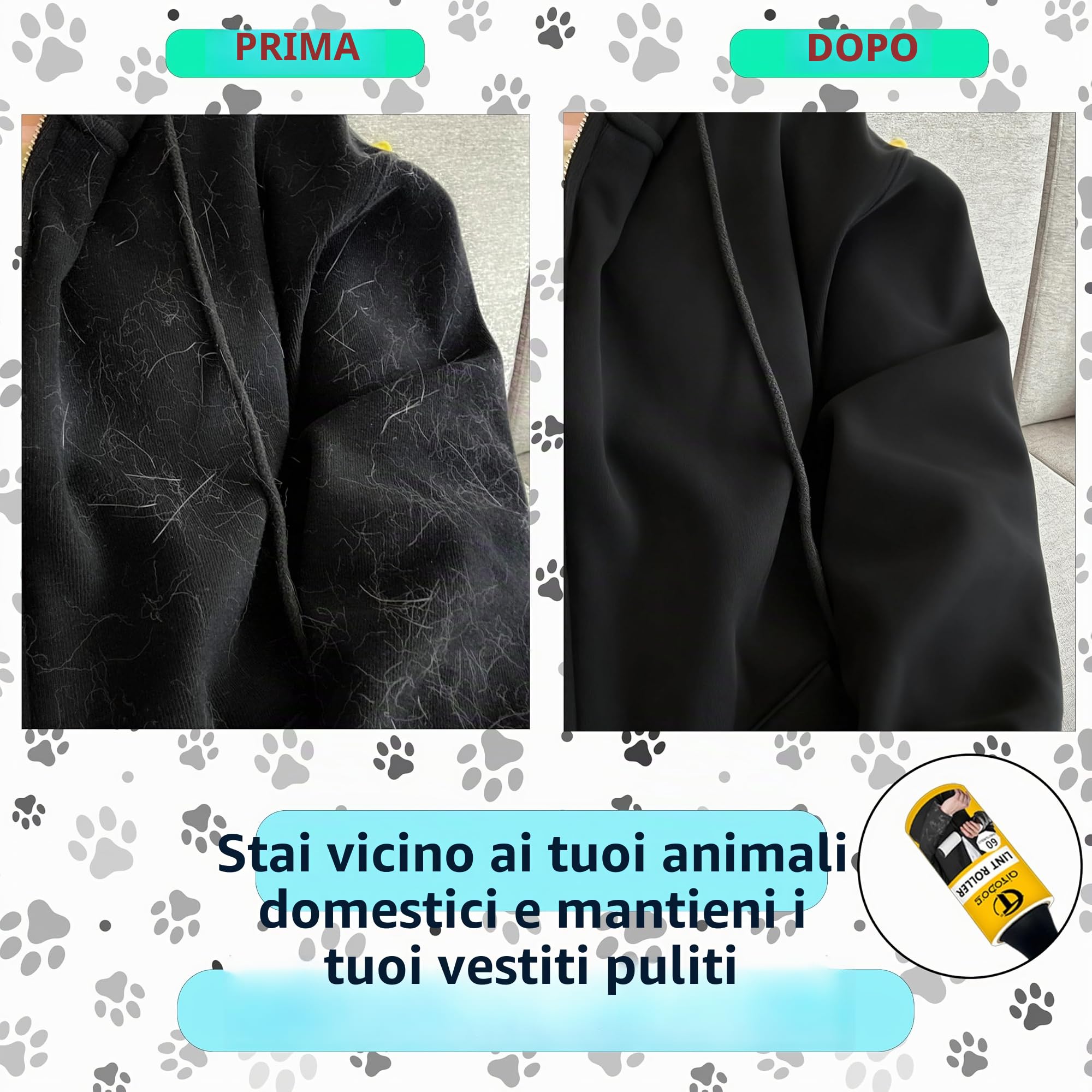 AiTodos® 1200 Rullo Adesivo Peli - 20 Rotoli + 4 Manico Rullo Levapelucchi, Per Rimuovere i Peli da Vestiti, Divani, Peli di Gatto, Peli di Cane e Tappeti (60 Fogli/Rotoli), Rullo peli Animali