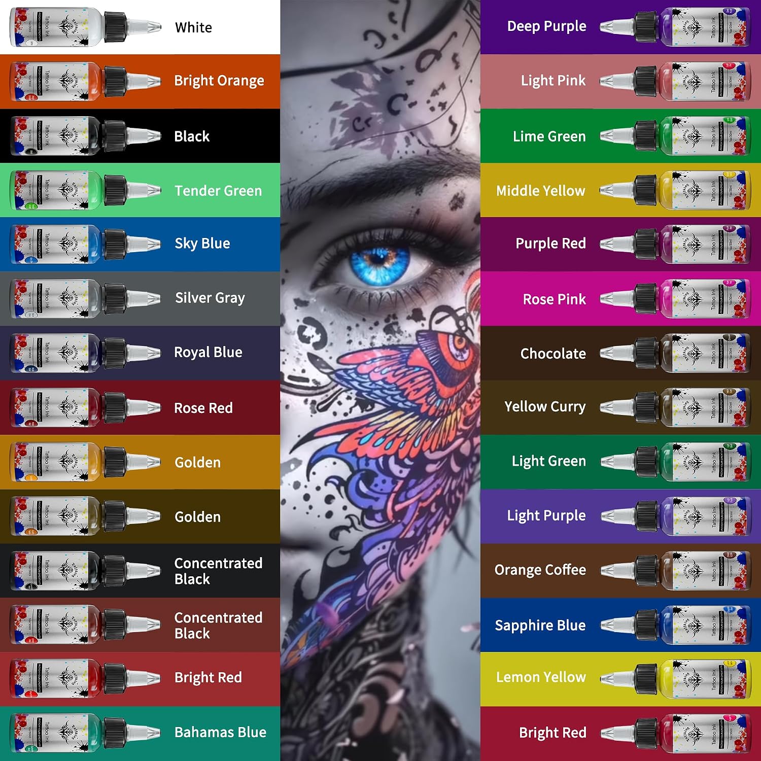 Tattoo Ink Set 28 Colors, 1oz (30ml) Each, Ultra-High Saturation & Easy Coloring Tattoo Pigments – Smooth Flow for Beginners Practice & Studio Artistry