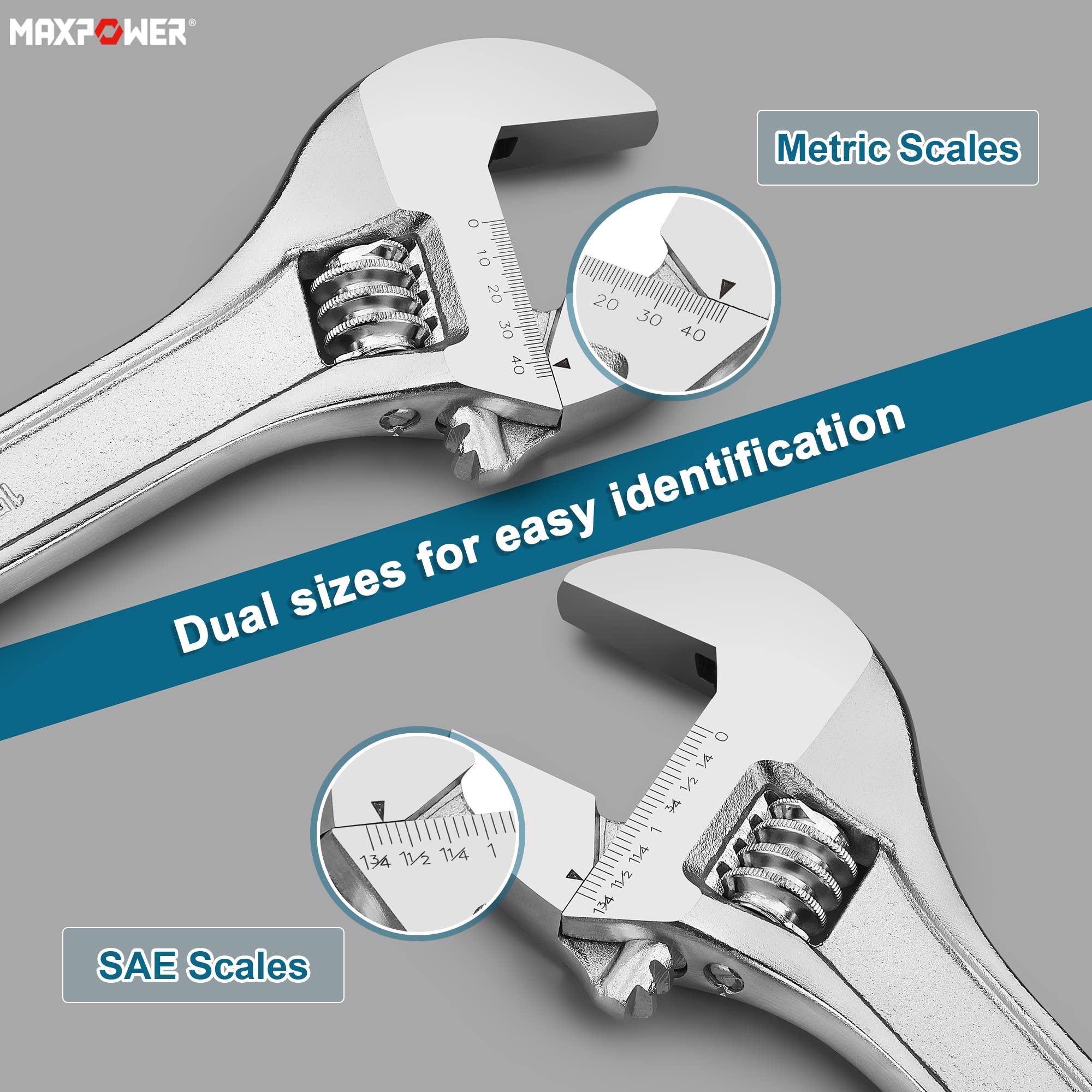MAXPOWER Adjustable Wrench 15 inch, Cr-V Steel Spanner, Metric & SAE Scales, Silver - Image 4