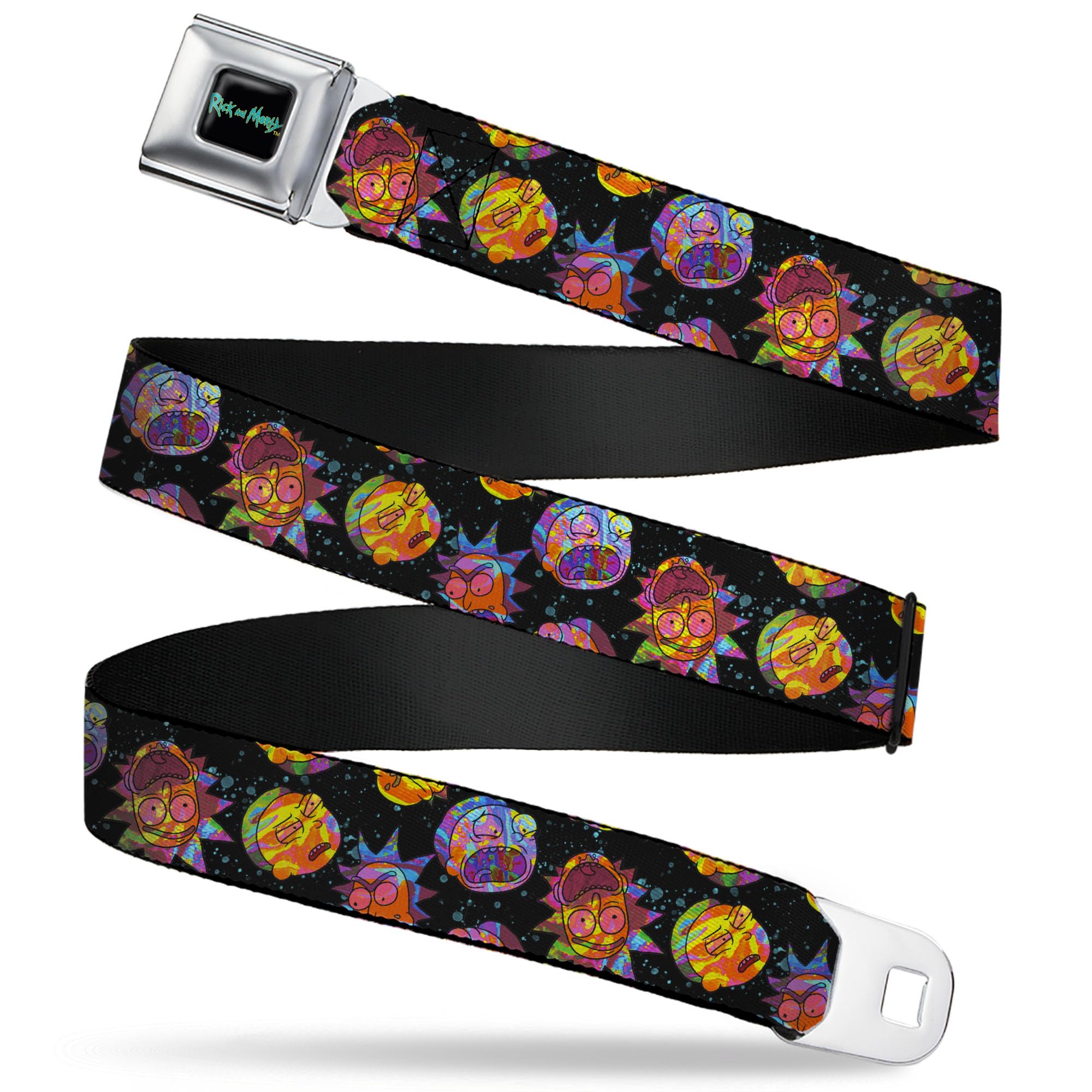 Rick and Morty Belt, Seatbelt Buckle Belt, Rick and Morty Vaporwave Expressions Scattered Multi Color, Youth 20 to 36 Inches