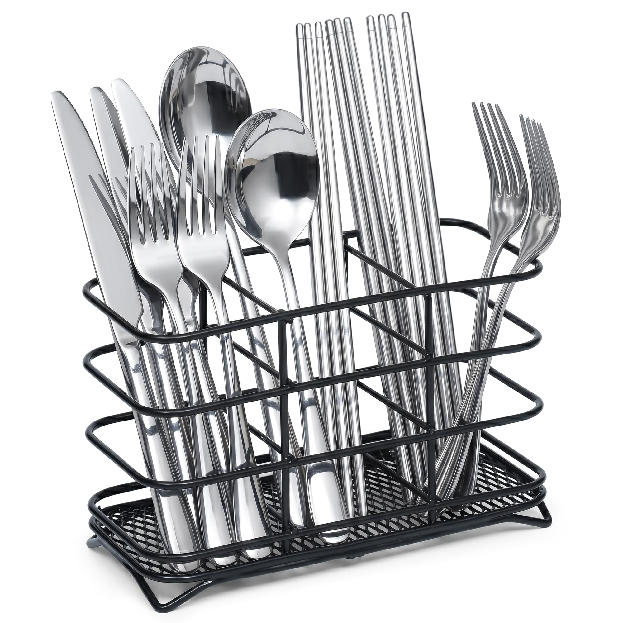 WINSOME Cutlery Drainer for Sink | Steel Cutlery Holder with 3 Separate Compartments | Open Mesh Base Cutlery Drying Rack to Prevent Water Pooling (Black)