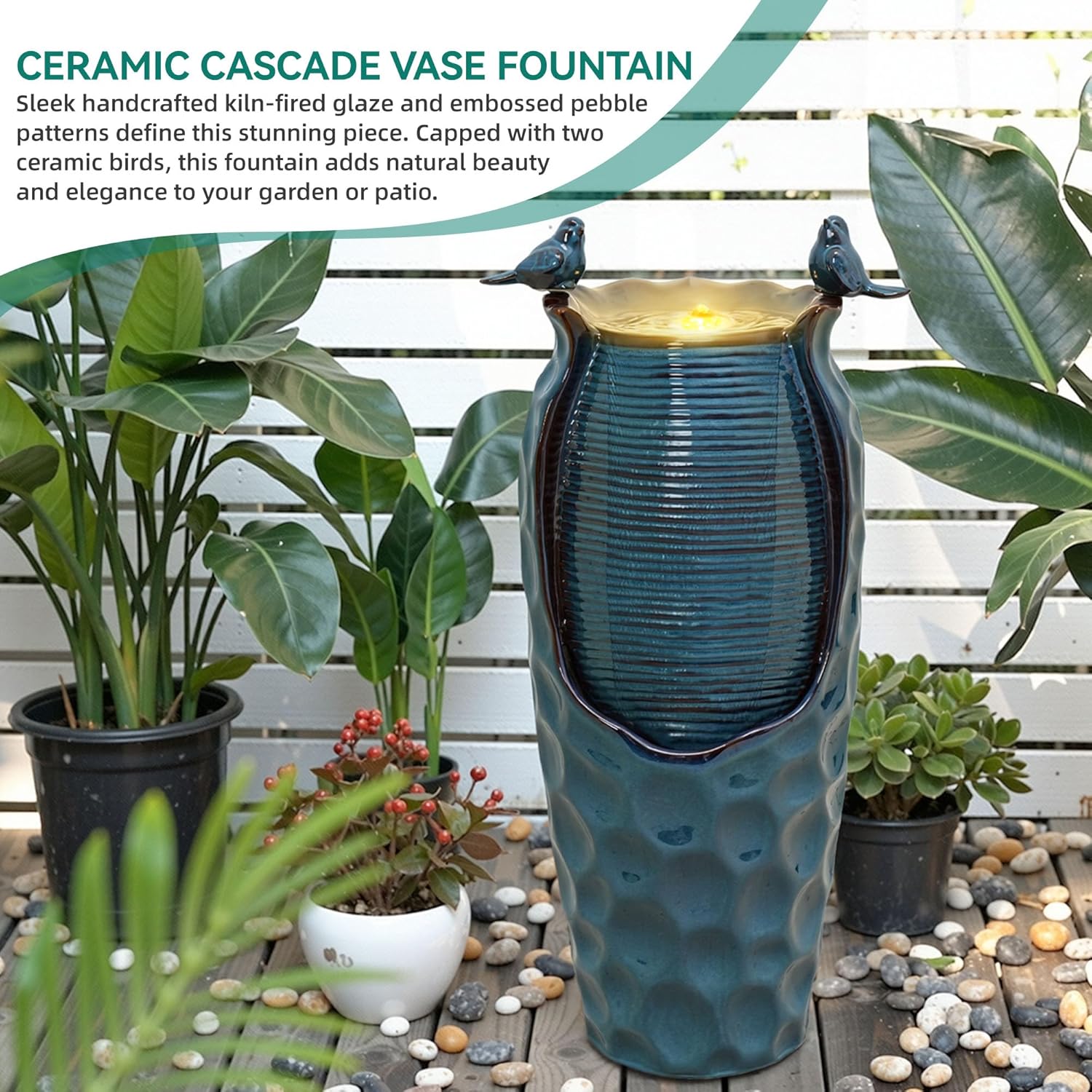 32.5" H Ceramic Jar Outdoor Fountain, Honeycomb Pot Water Feature with LED Lights, Soothing Trickling Waterfall for Garden, Patio, Yard, Balcony or Porch Oasis, Turquoise Glaze, KD Vivid Birds