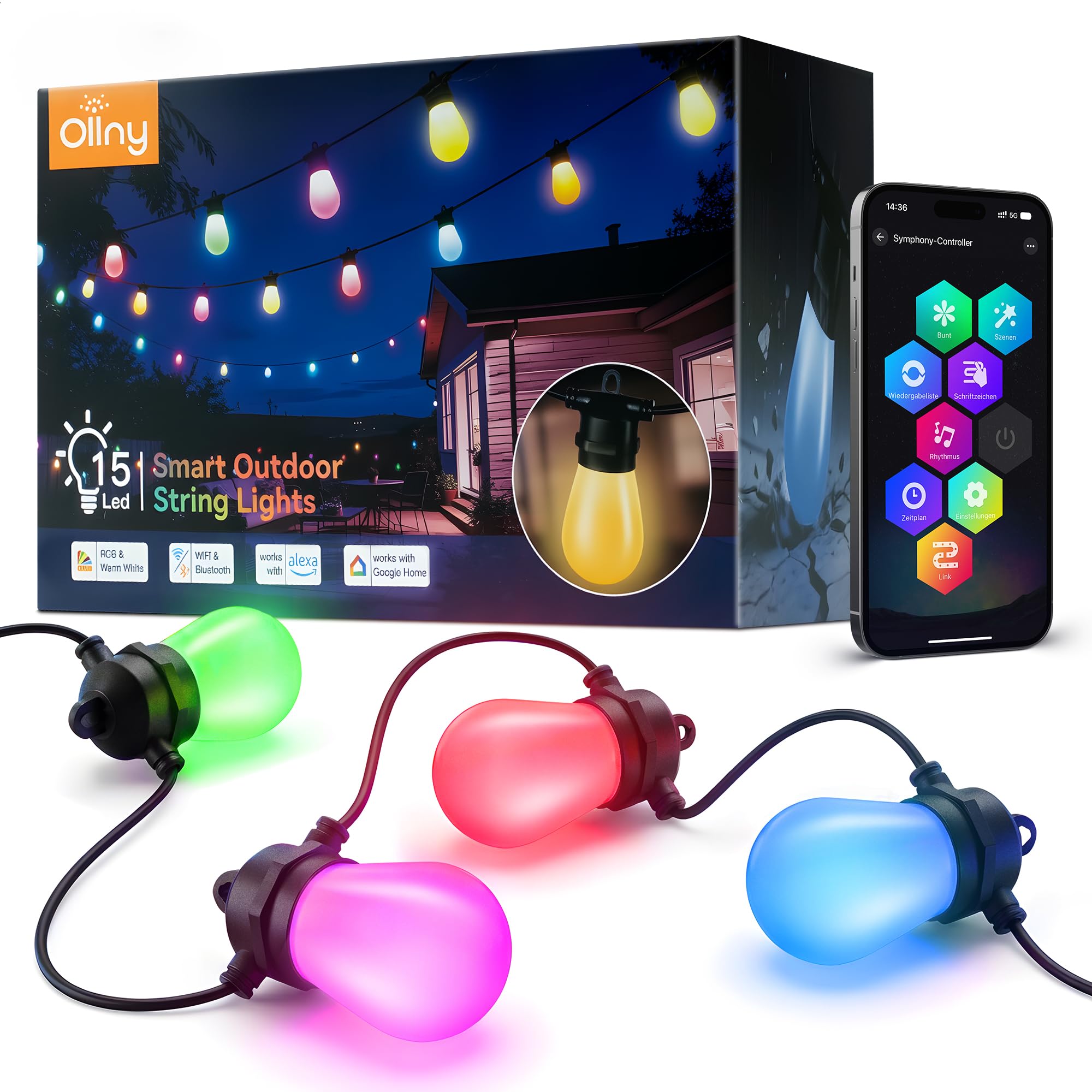 Ollny Lichterkette Außen 15M, RGBW S14 LED Lichterketten Outdoor Strom Dimmbar, 90+ Szenenmodi, App-Steuerung, Funktioniert mit Alexa, Google Assistant,IP65 Gartenbeleuchtung für Garten Party Terrasse