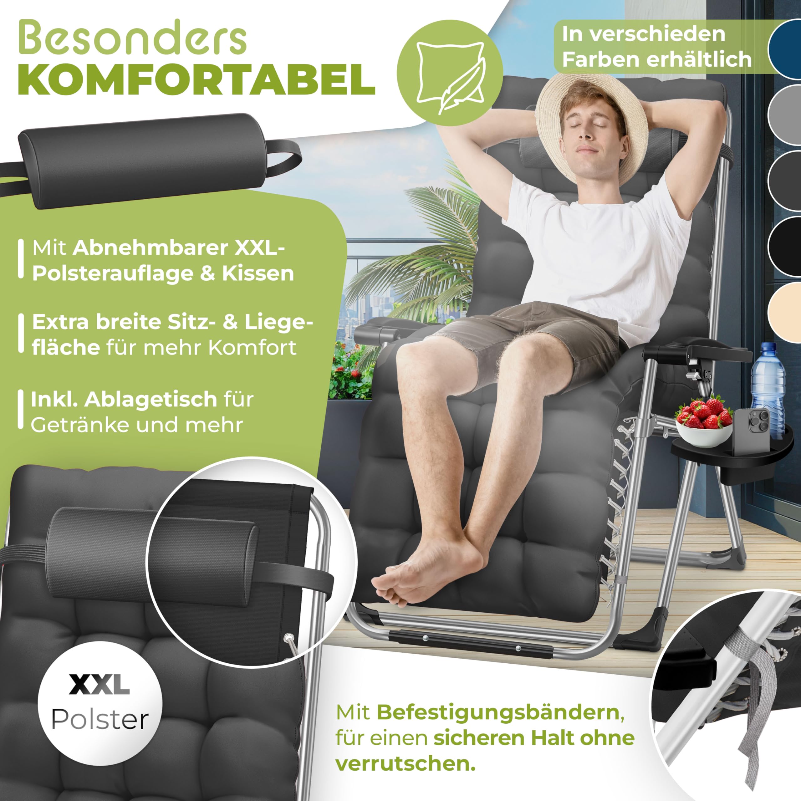KESSER® Tumbona Plegable y Resistente | Silla de Jardín, Capacidad de 200 kg, Acolchado Ergonómico Extra Ancho, Respaldo Ajustable, Almohada para el Cuello y Portavasos