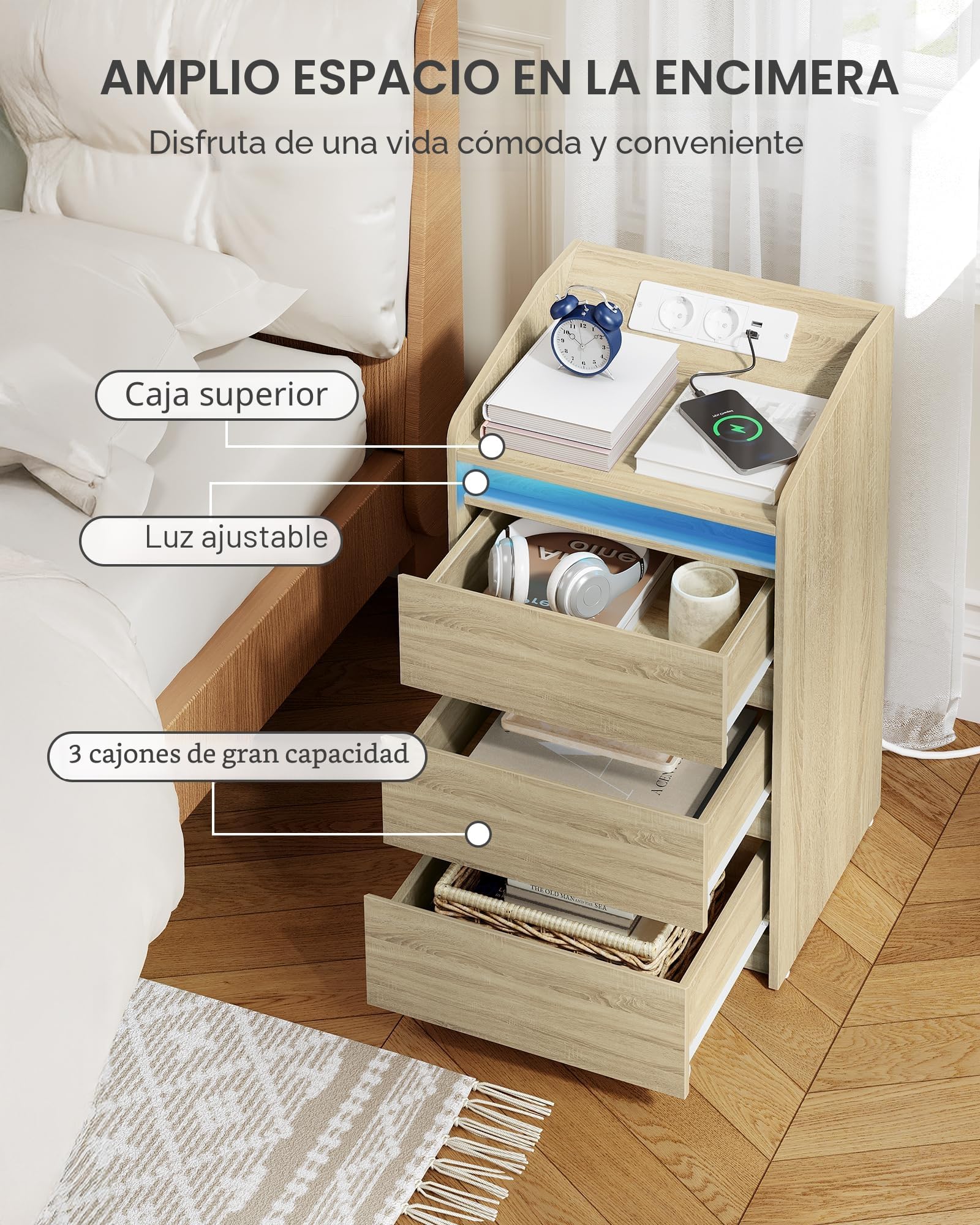 Hzuaneri Mesilla de Noche de 2 con 3 Cajones, Mesa Auxiliar con Estación de Carga y LED, 2 Tomas CA y 2 Puertos USB para Dormitorio, Salón, Color Roble NS40116X