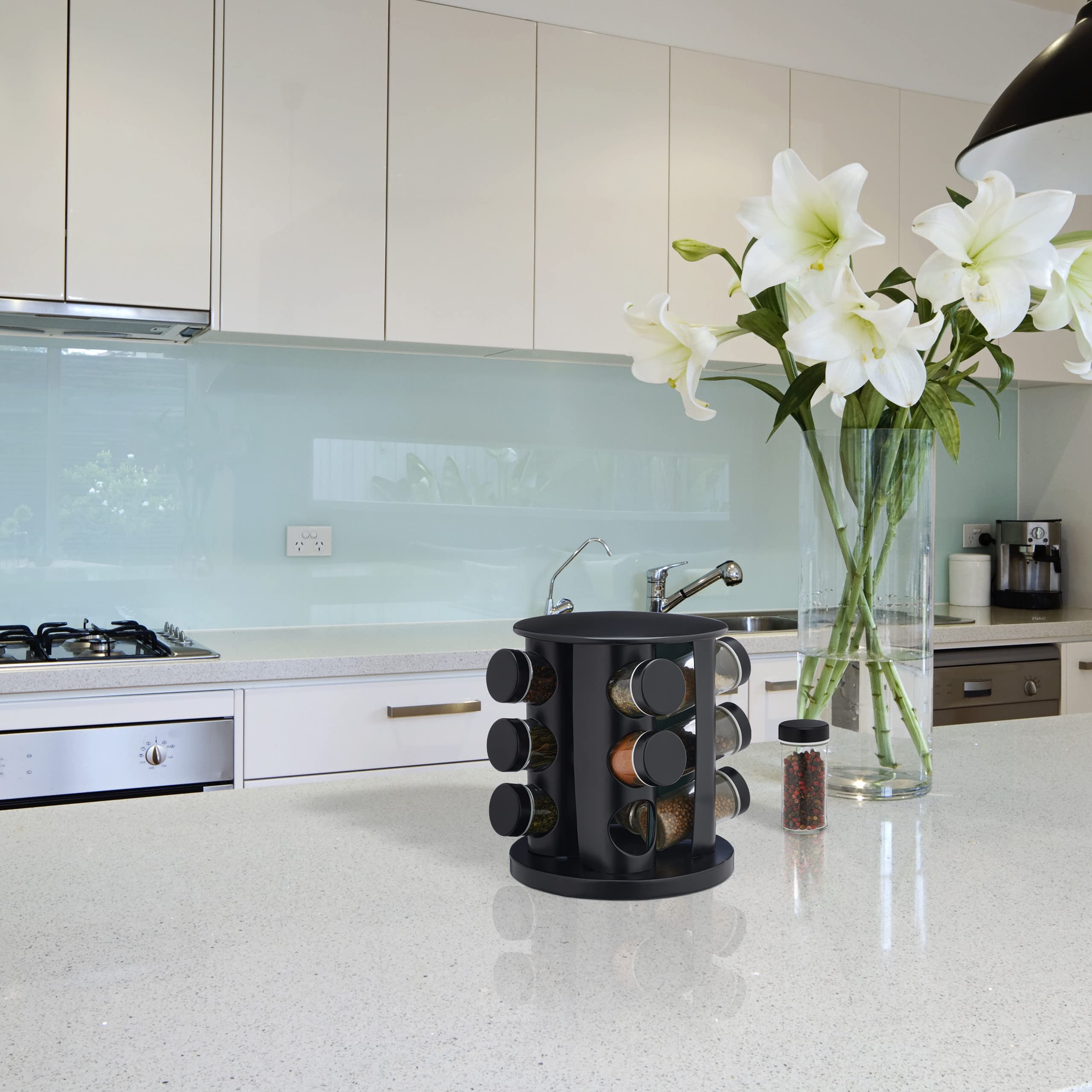 Relaxdays Especiero Giratorio con 12 Botes, con Dosificadores Rotatorio, Soporte Especias Reutilizable de Cocina, Negro
