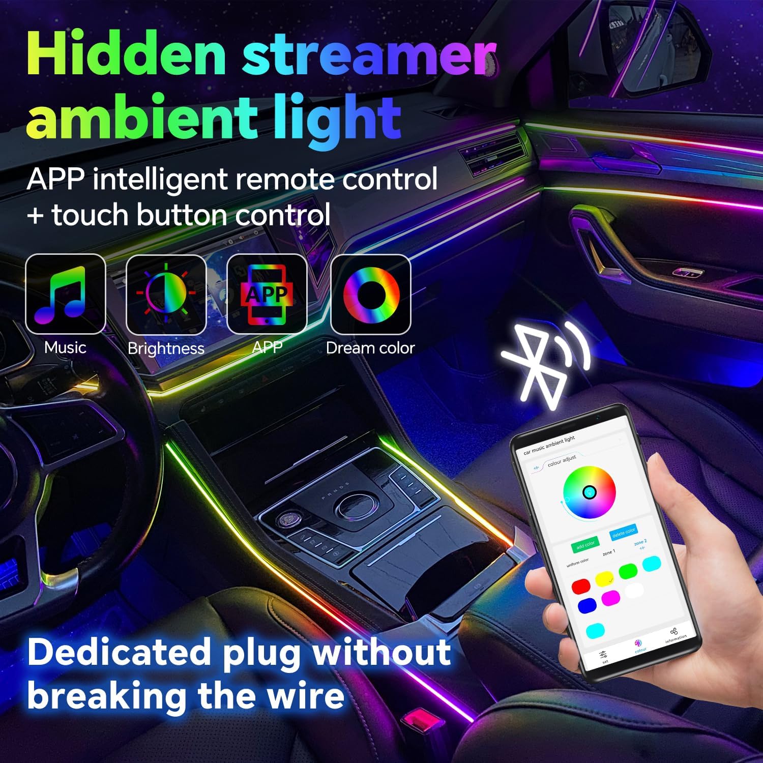 Dream Color Acrylic Interior Car Ambient Light Kit, Bphuny 18 in 1 593 LEDs Fiber Optic Multiple Modes Decoration Atmosphere Lights with Music Dynamic Rainbow Rhythm, RGB Neon Lights for All Cars
