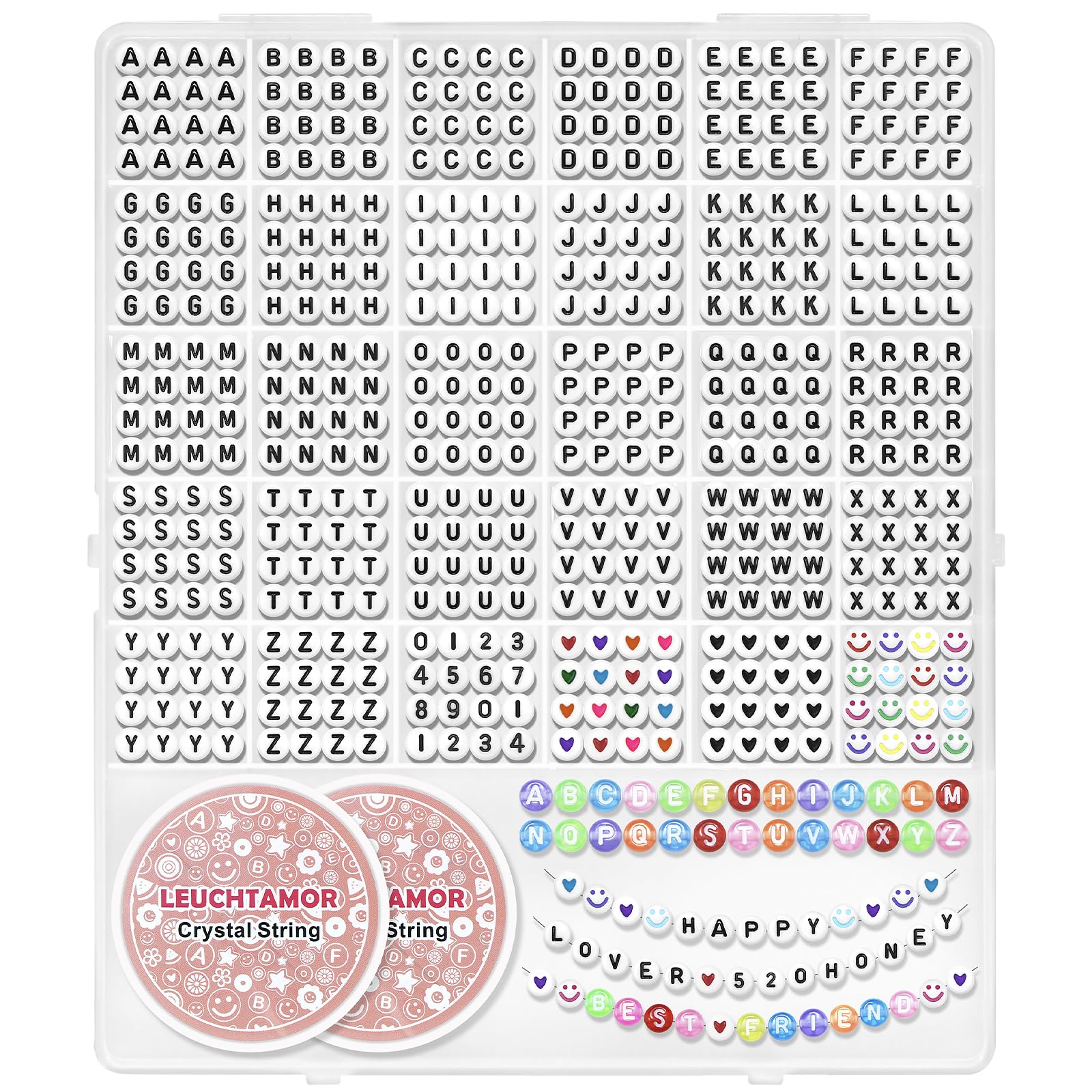 LEUCHTAMOR 1570 Stück Buchstabenperlen zum Armbänder, Alphabet Freundschaft Armband Kit, Buchstaben Armband Perlen mit 2 Elastischen Schnüren für Armbänder Machen