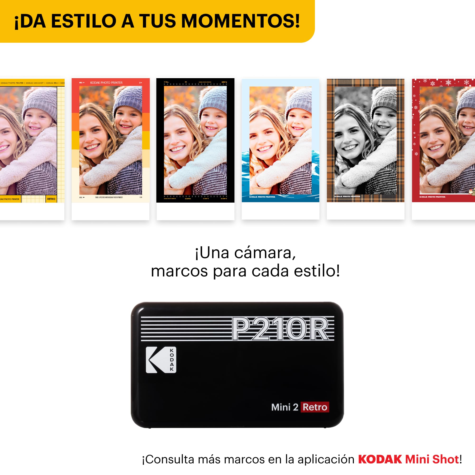KODAK Mini 2 Retro 4Pass Impresora de Fotos Portátil (5,3x8,6cm) + Pack de Regalo con 68 Hojas (8 Hojas Iniciales + 60 Hojas) - Amarillo