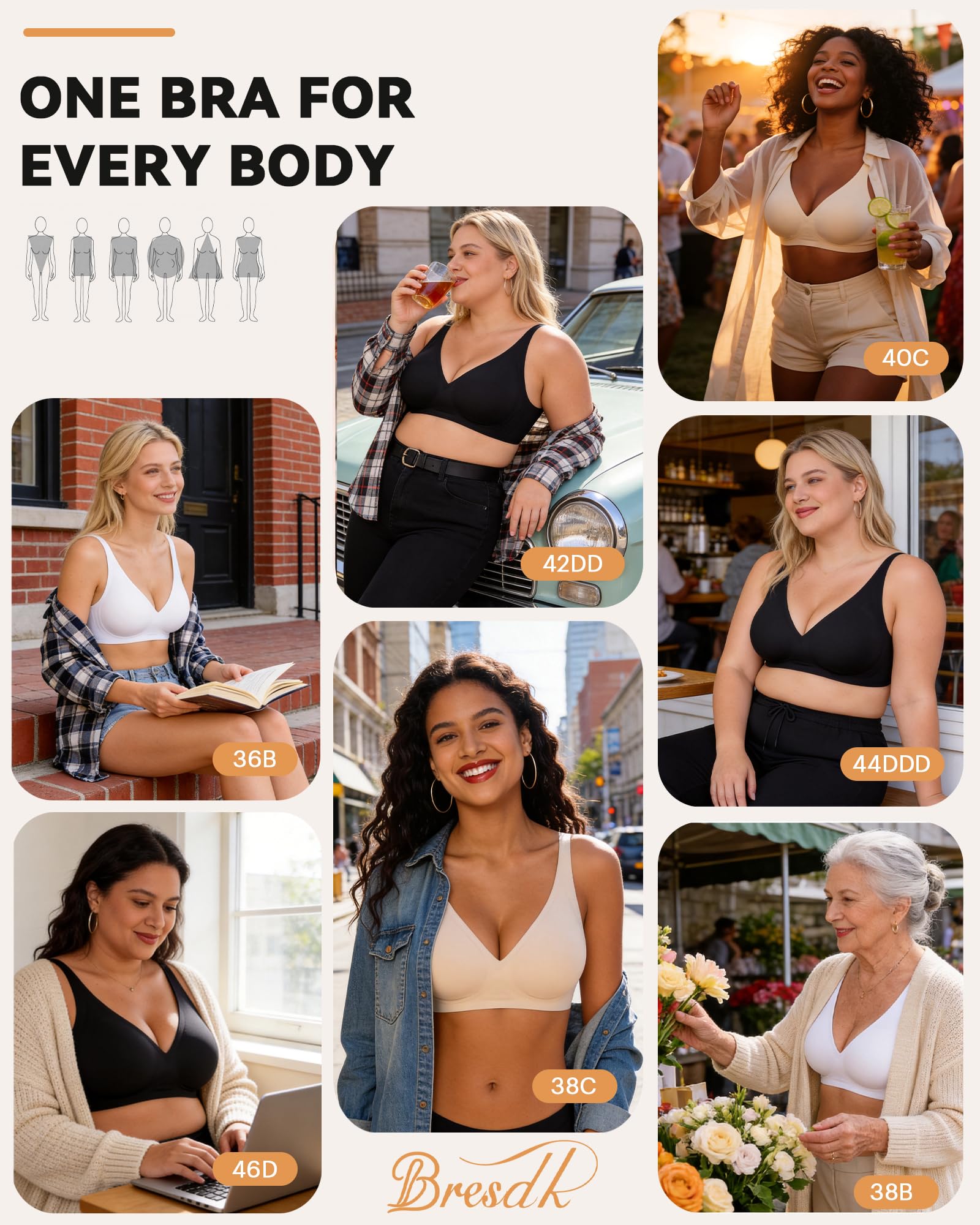 Bresdk Sujetador Sin Aros con Escote en V Profundo para Mujer Push Up Bralette Cómodo sin Costuras de Cobertura Completa para Pecho Grande con Relleno