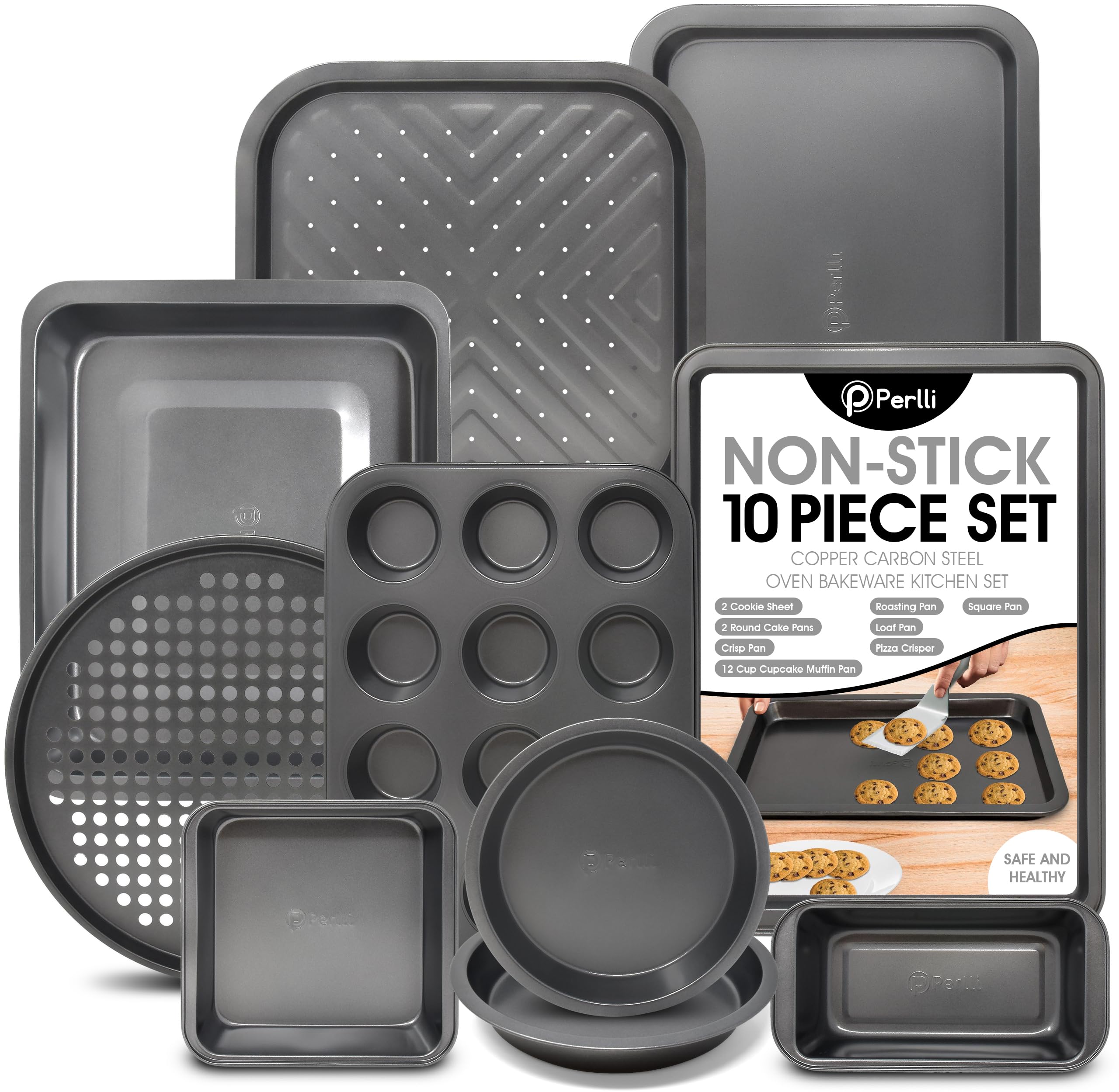 PERLLI 10-teiliges Backformen-Set mit Antihaftbeschichtung, inkl. Backformen, Pizzablech, Braten, Brot, Muffin, 2 runde Kuchenbackformen, große und mittelgroße antihaftbeschichtete Keksbleche