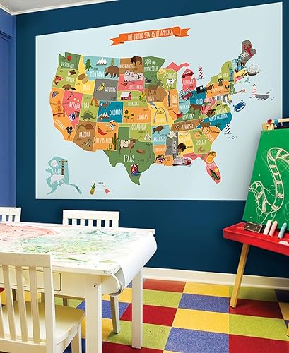 Simple Shapes Póster de mapa de Estados Unidos para niños, calcomanía de pared ilustrada con mapa de Estados Unidos para niños (grande, 70 pulgadas